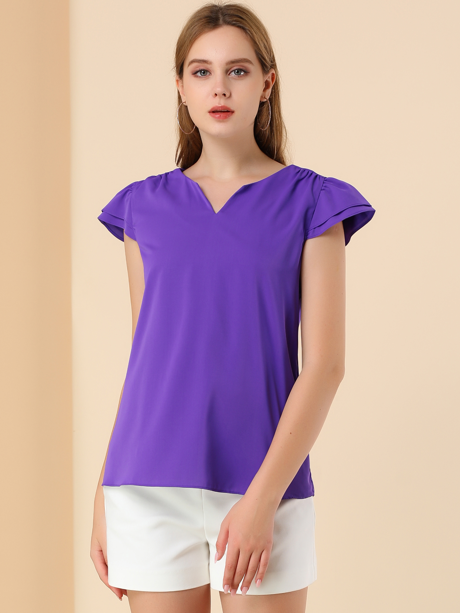 Work Business Casual Plain Cap Sleeve Blouse Top Purple/M