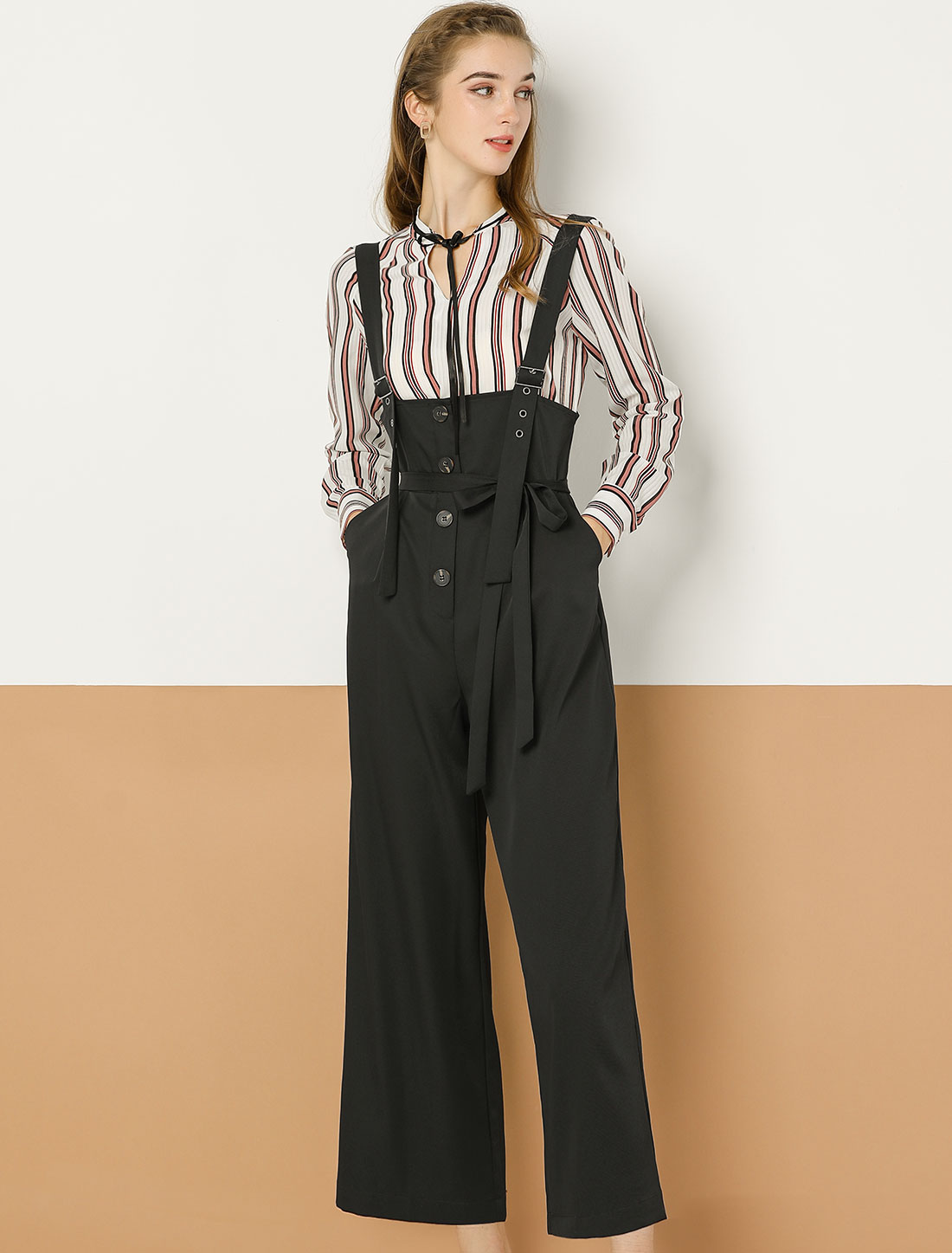 High Waist Wide Leg Belted Jumpsuit Button Long Overalls Black/XL