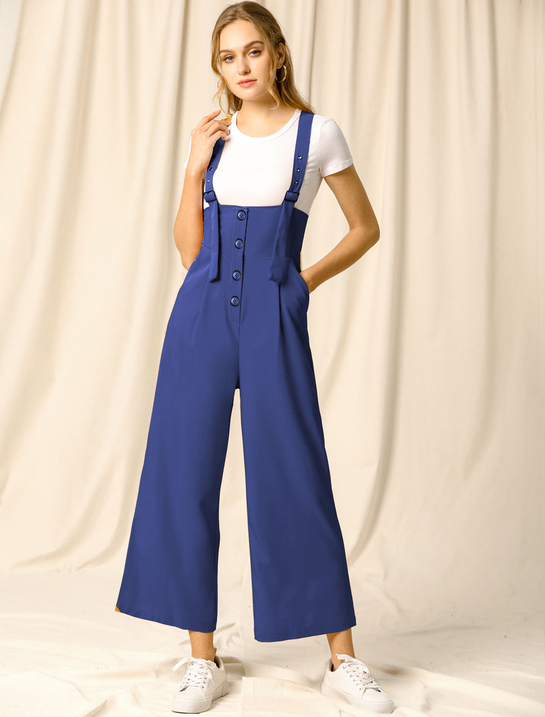 High Waist Wide Leg Belted Jumpsuit Button Long Overalls Blue/XL