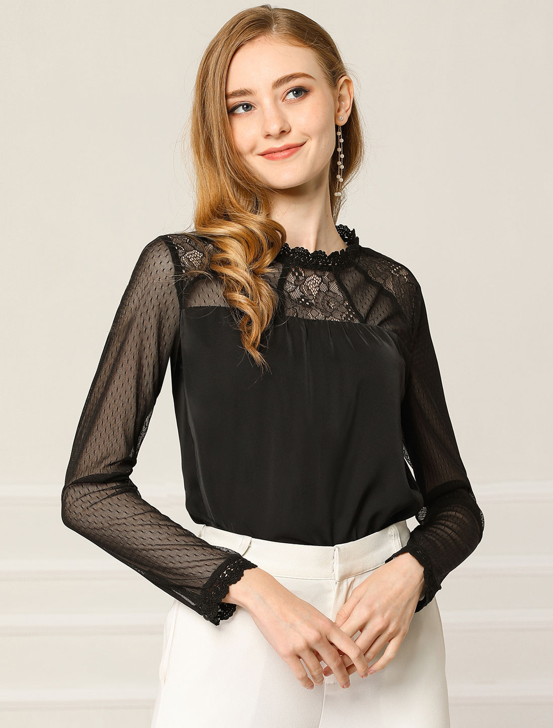 Lace Mesh Long Sleeve Top Round Neck Casual Elegant Blouse Black/3XL