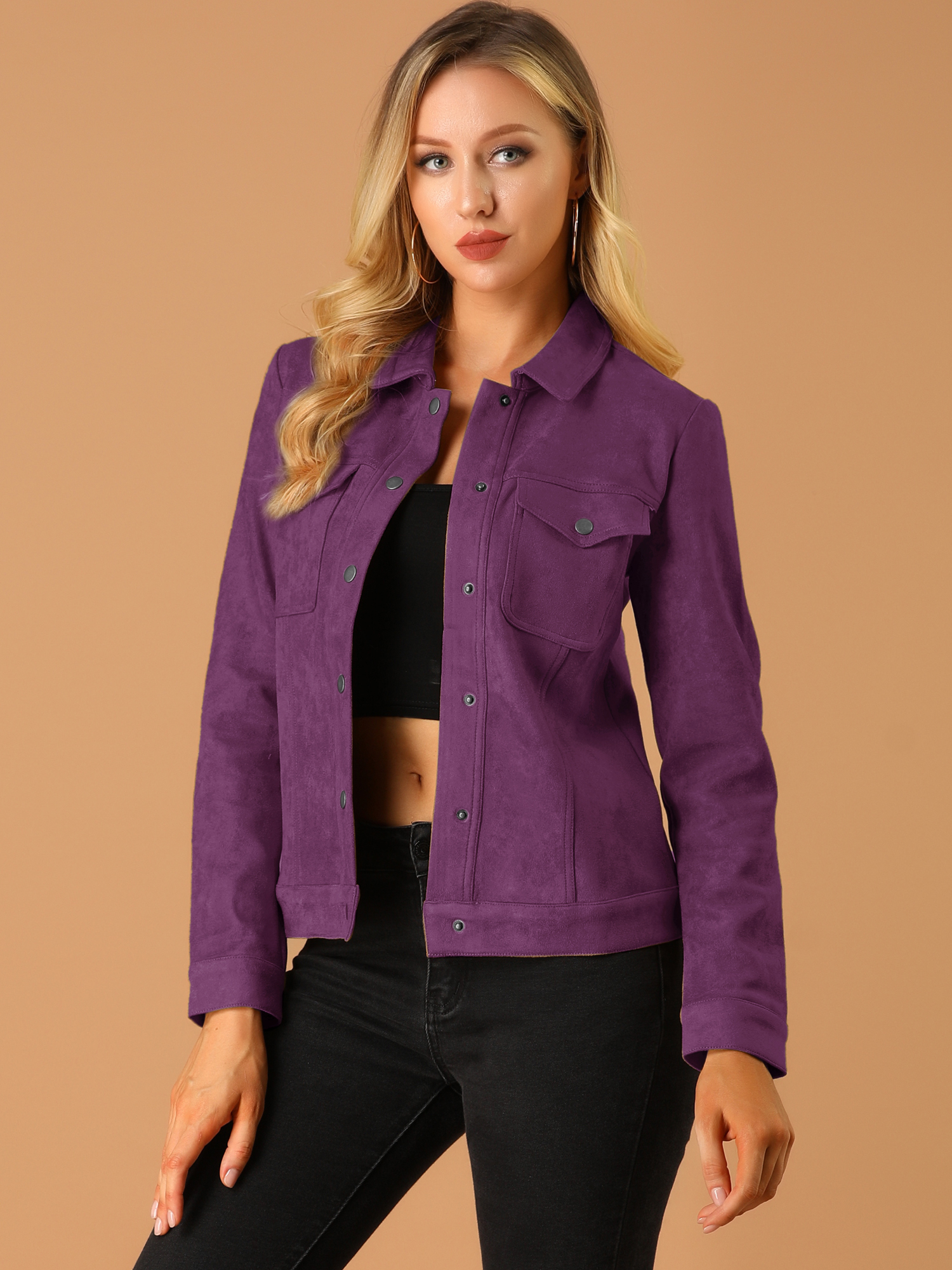 Faux Suede Turn-Down Collar Flap Pocket Snap Button Jacket Purple/S