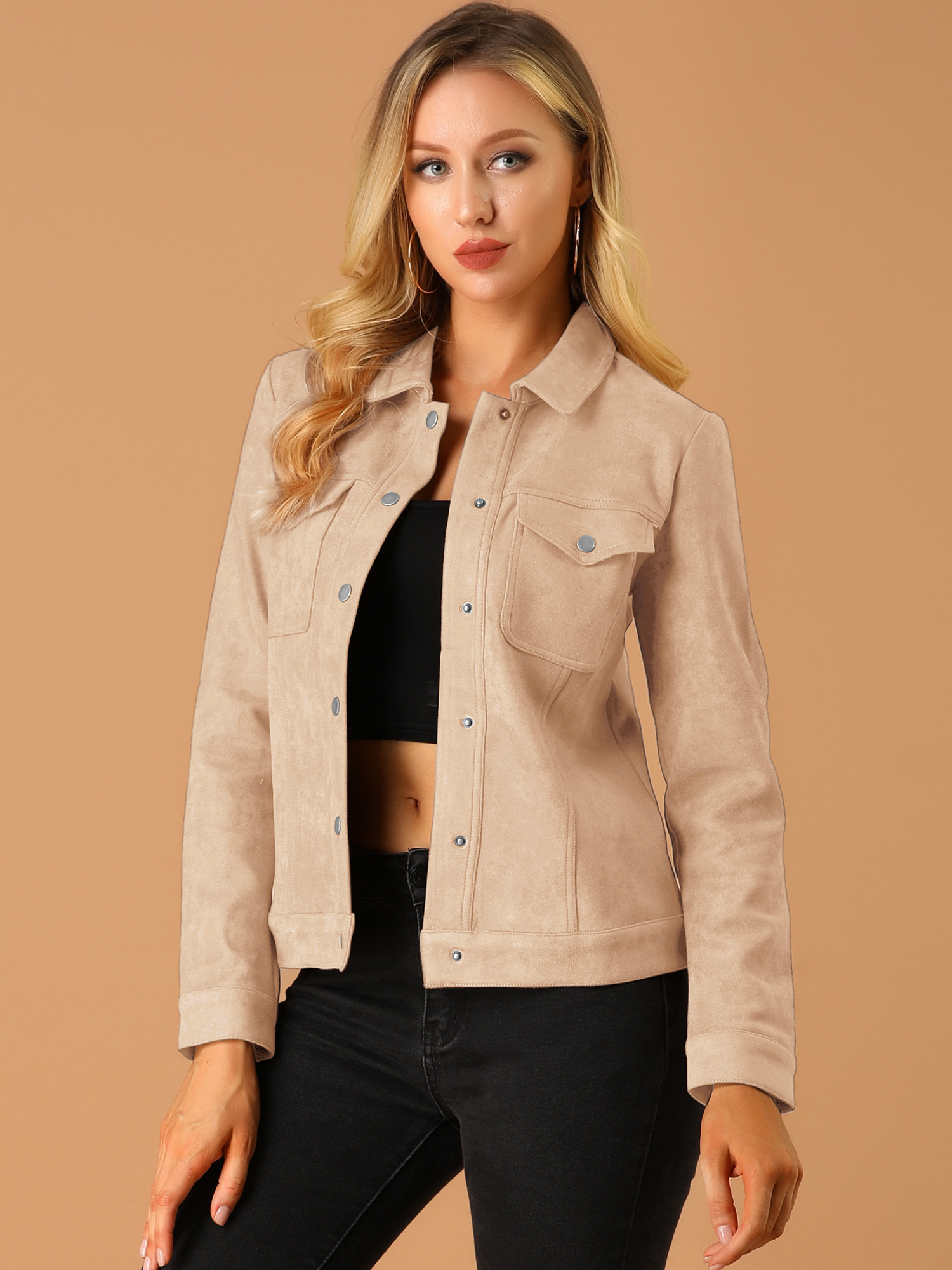 Faux Suede Turn-Down Collar Flap Pocket Snap Button Jacket Apricot Pink/XL