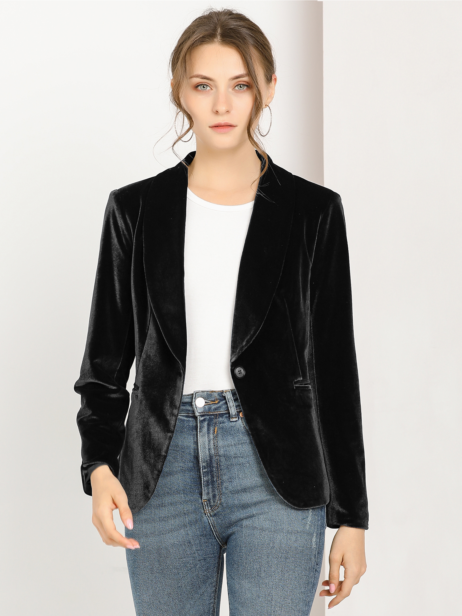 Shawl Collar Single Button Velvet Solid Office Work Jacket Blazer Black/S