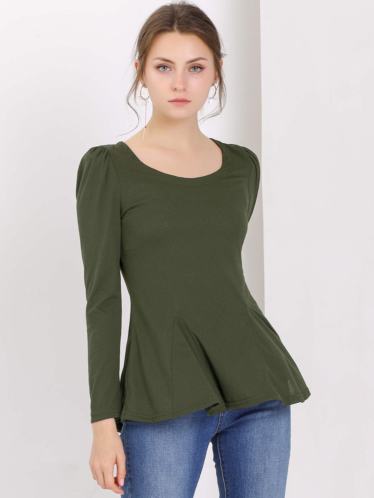 Long Sleeve Scoop Neck Casual Peplum Blouse Green/XL