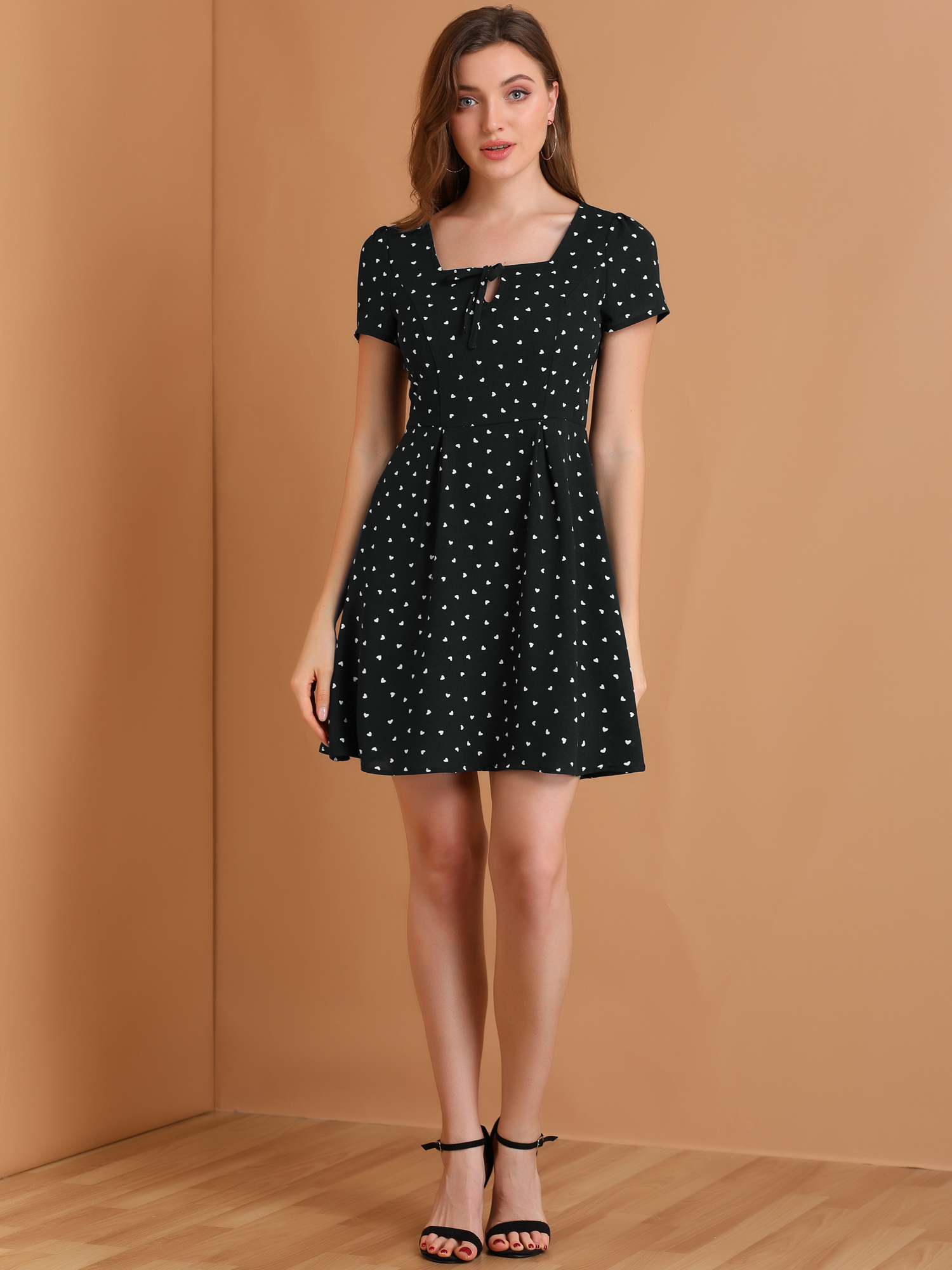 Printed Casual Square Neck Short Sleeve Fit and Flare Dress Black-Heart/S