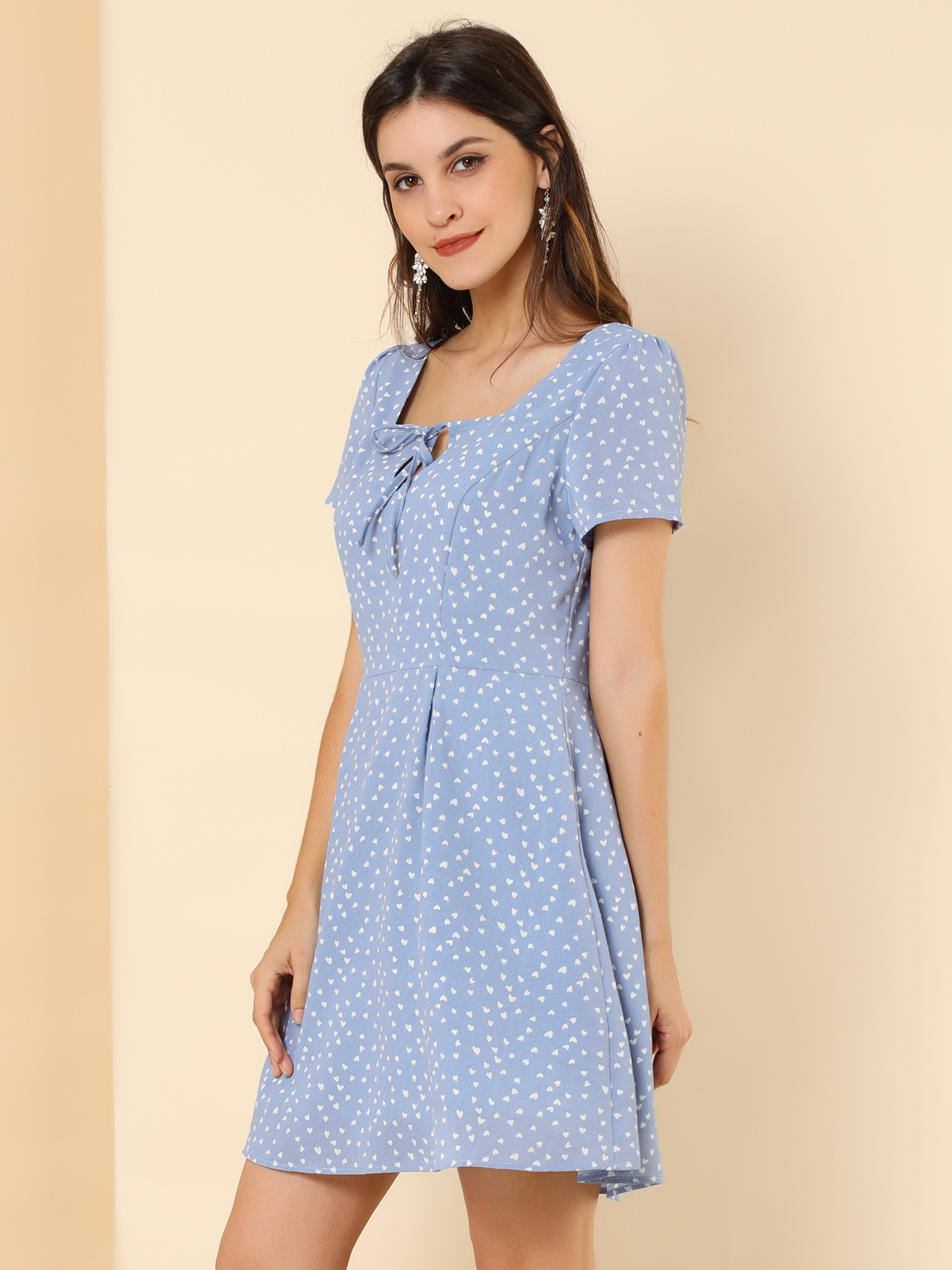 Printed Casual Square Neck Short Sleeve Fit and Flare Dress Blue-Heart/XL