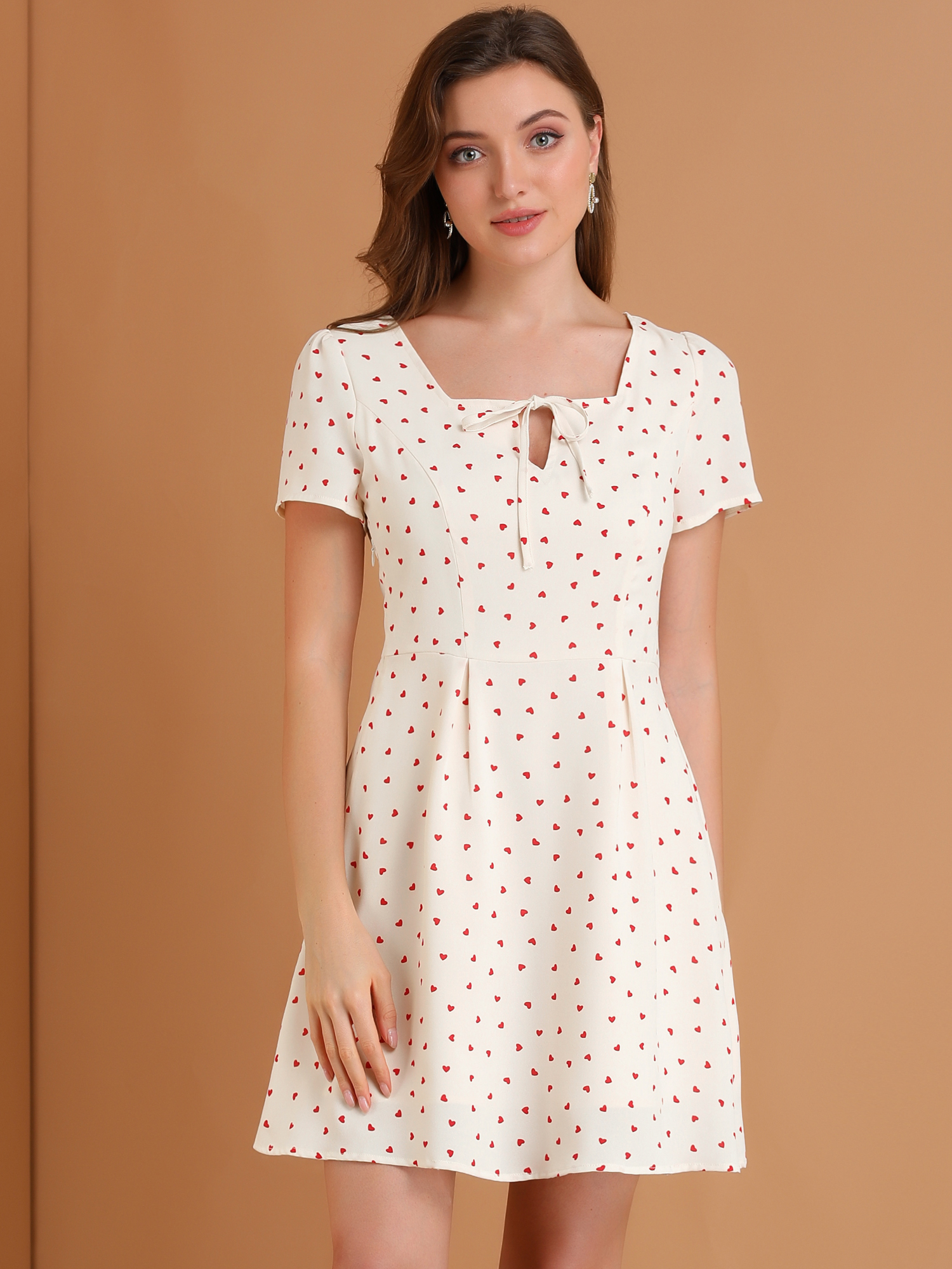 Printed Casual Square Neck Short Sleeve Fit and Flare Dress White-Heart/M