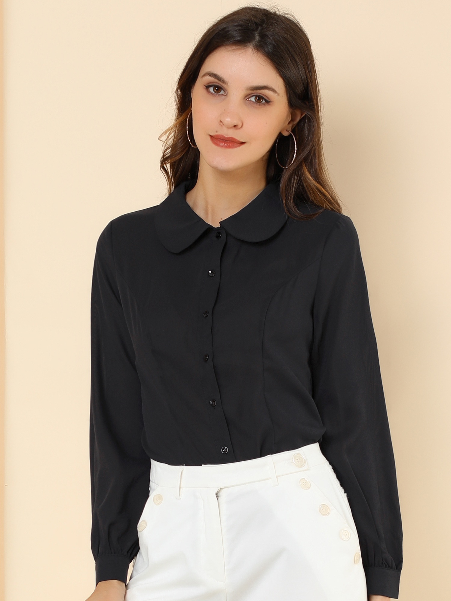 Button Up Peter Pan Collar Long Bishop Sleeve Blouse Black/XS