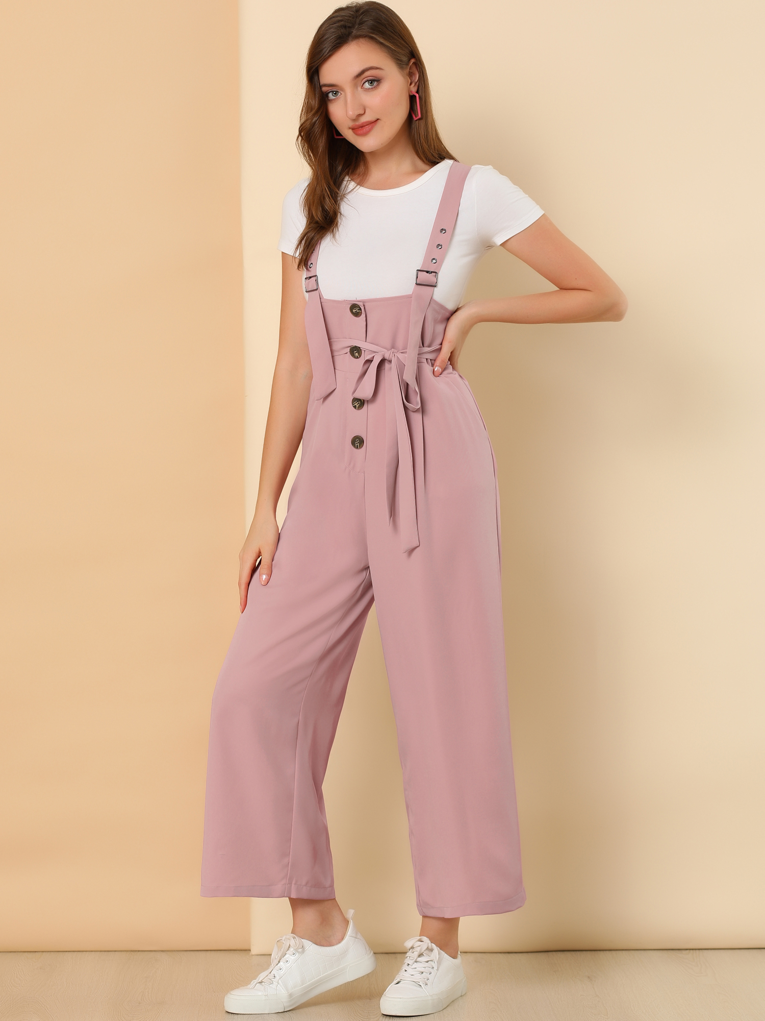 High Waist Wide Leg Belted Jumpsuit Button Long Overalls Pink/XS