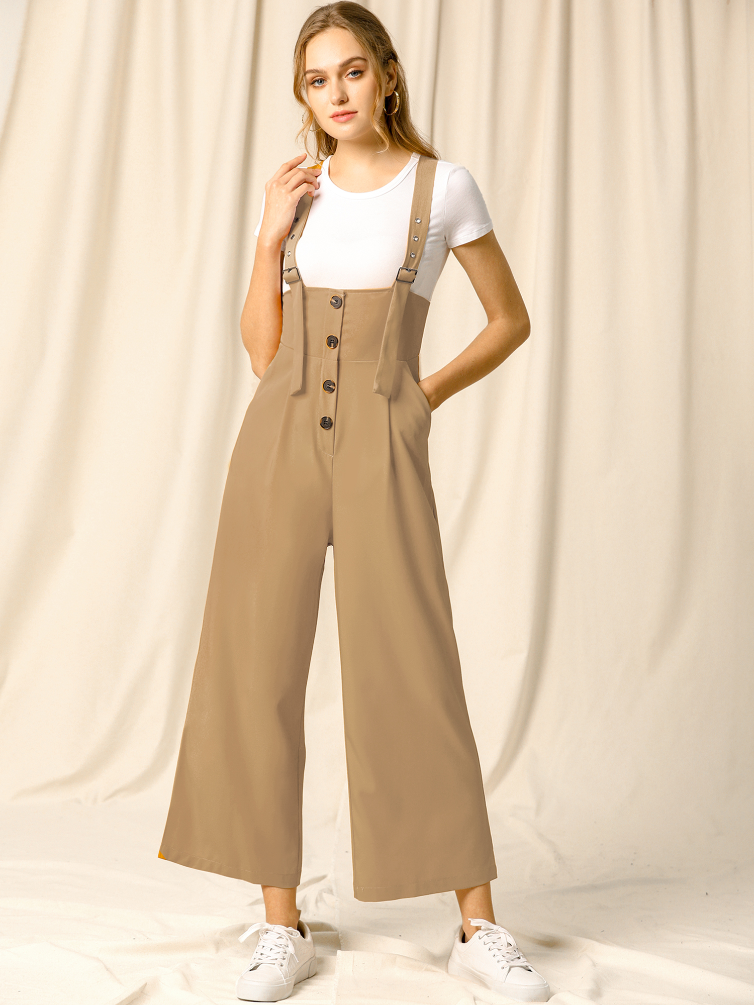 High Waist Wide Leg Belted Jumpsuit Button Long Overalls Khaki/XS