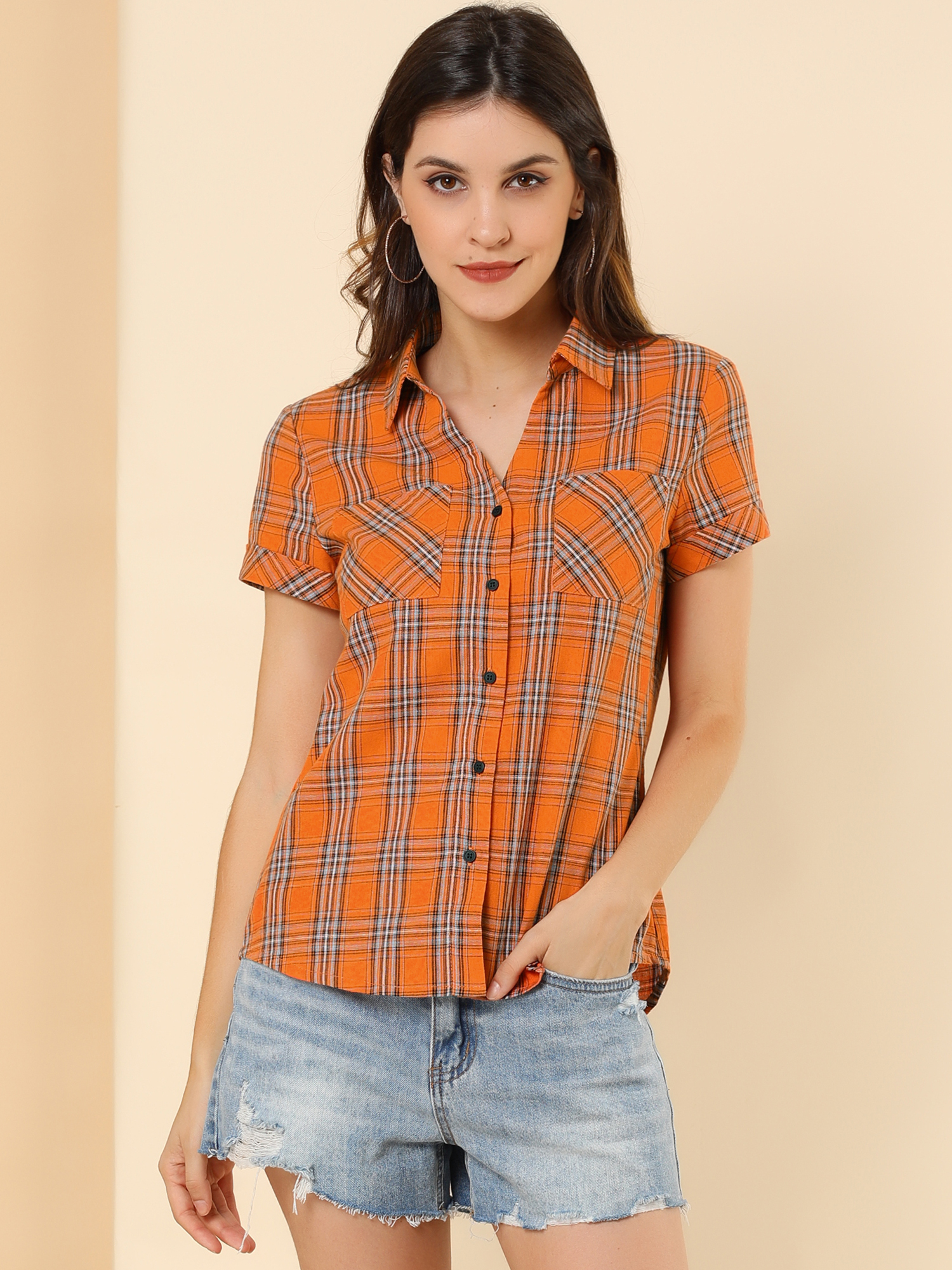 Cotton Classic Button Down Plaid Short Sleeve Shirt Orange/XL