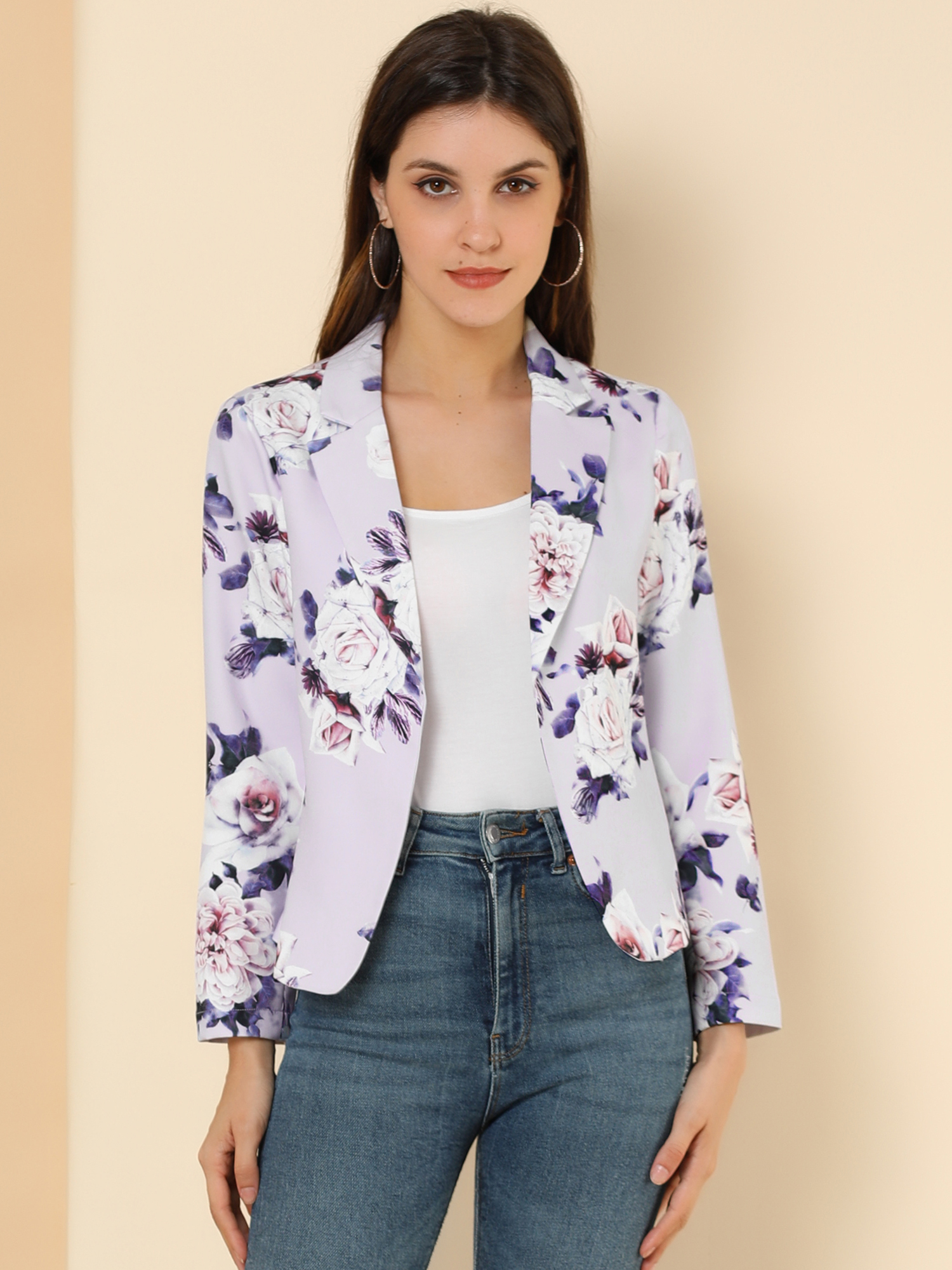 Open Front Floral Work Business Crop Blazer Jacket Purple-Floral/XL