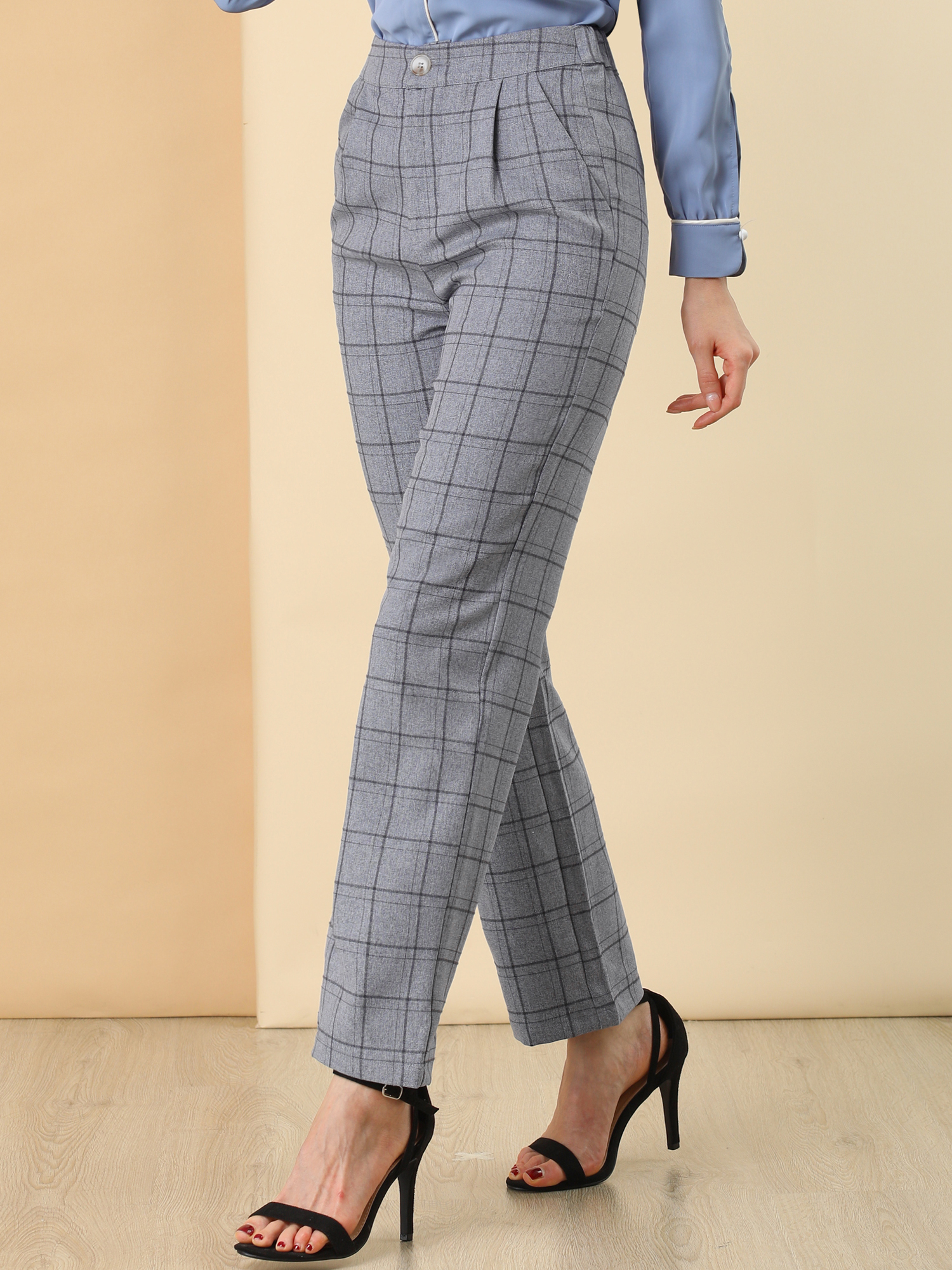 Plaid Pants Elastic Waist Casual Work Office Long Trousers Dark Gray/L