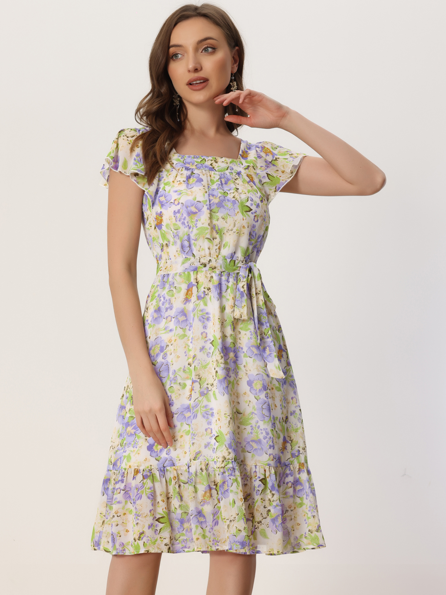 Floral Chiffon Flutter Sleeve Belted Square Neck Ruffled Hem Dress Light Purple/L
