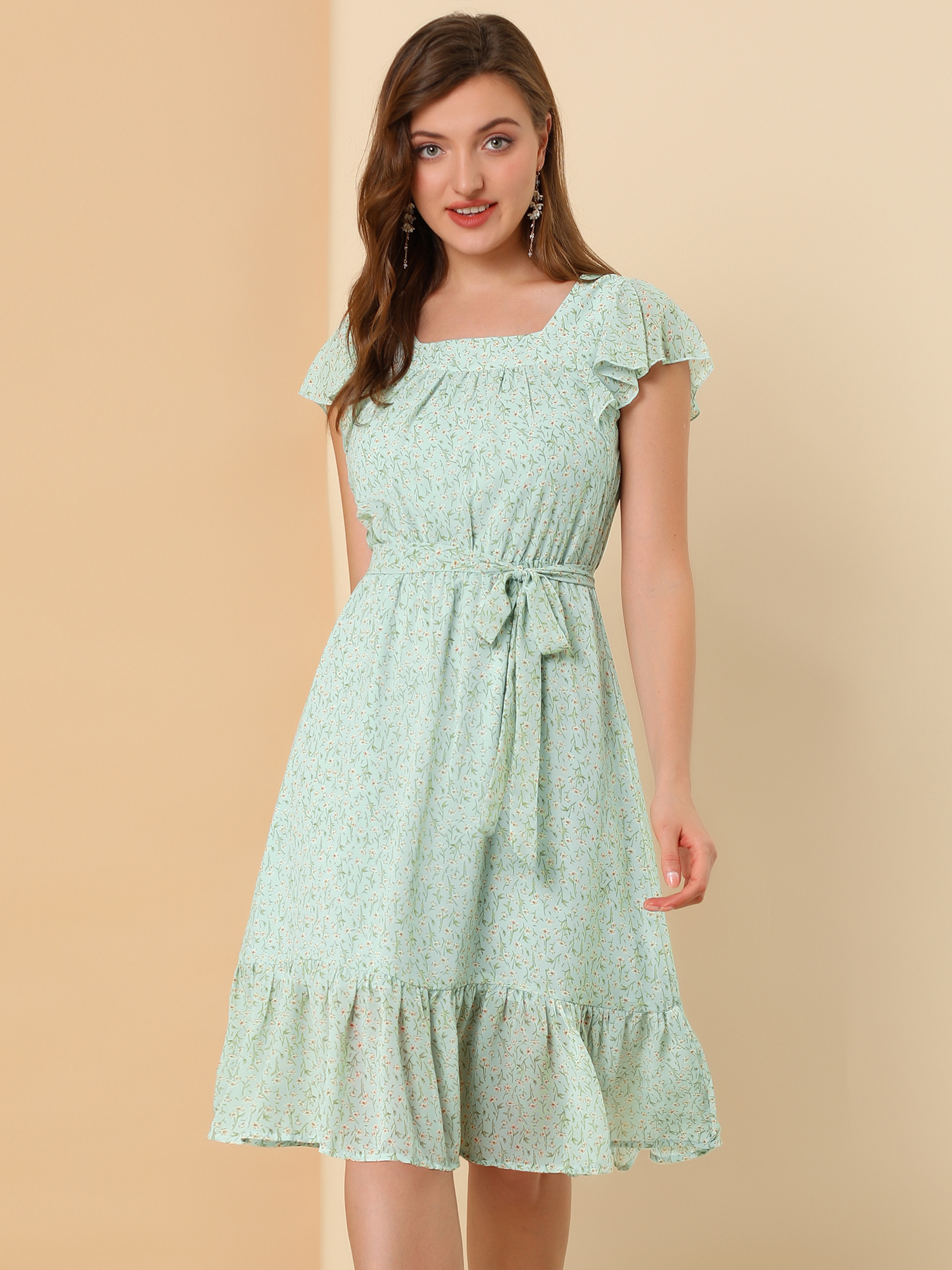 Floral Chiffon Flutter Sleeve Belted Square Neck Ruffled Hem Dress Light Blue/XS