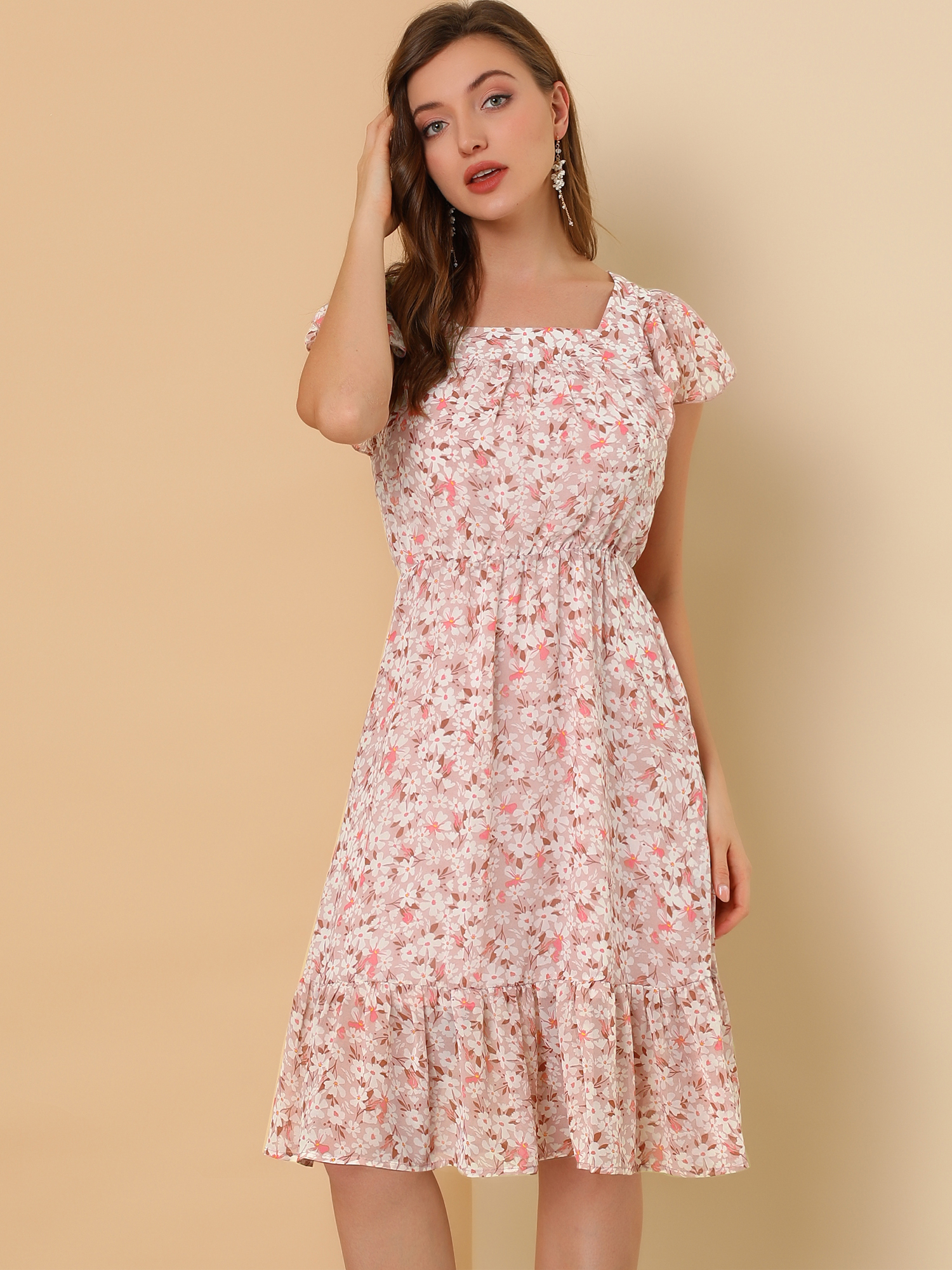 Floral Chiffon Flutter Sleeve Belted Square Neck Ruffled Hem Dress Pink White/XS