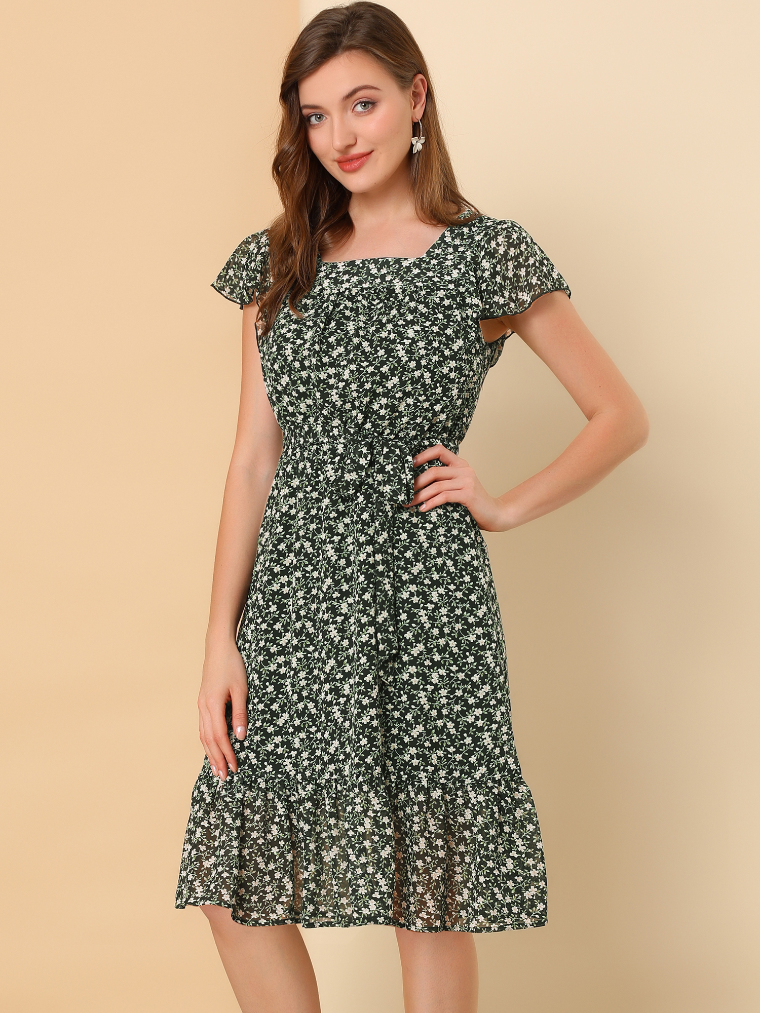 Floral Chiffon Flutter Sleeve Belted Square Neck Ruffled Hem Dress Black/XS