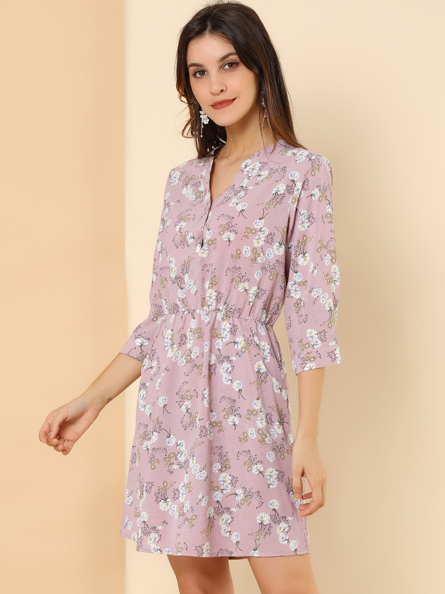 Button-Up V Neck 3/4 Sleeve Floral T-Shirt Dress with Pockets Dark Pink/M