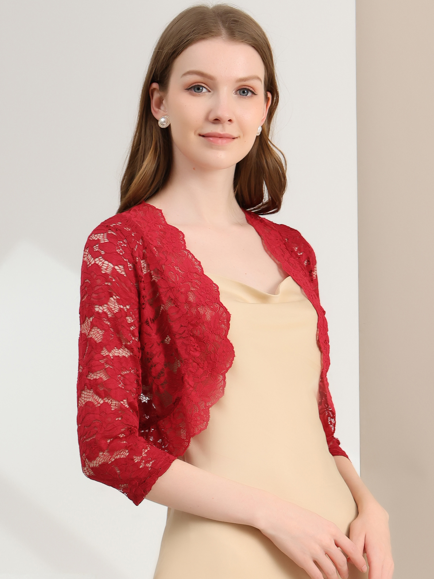 Lace 3/4 Sleeves Sheer Floral Cropped Bolero Shrug Deep Red/XS