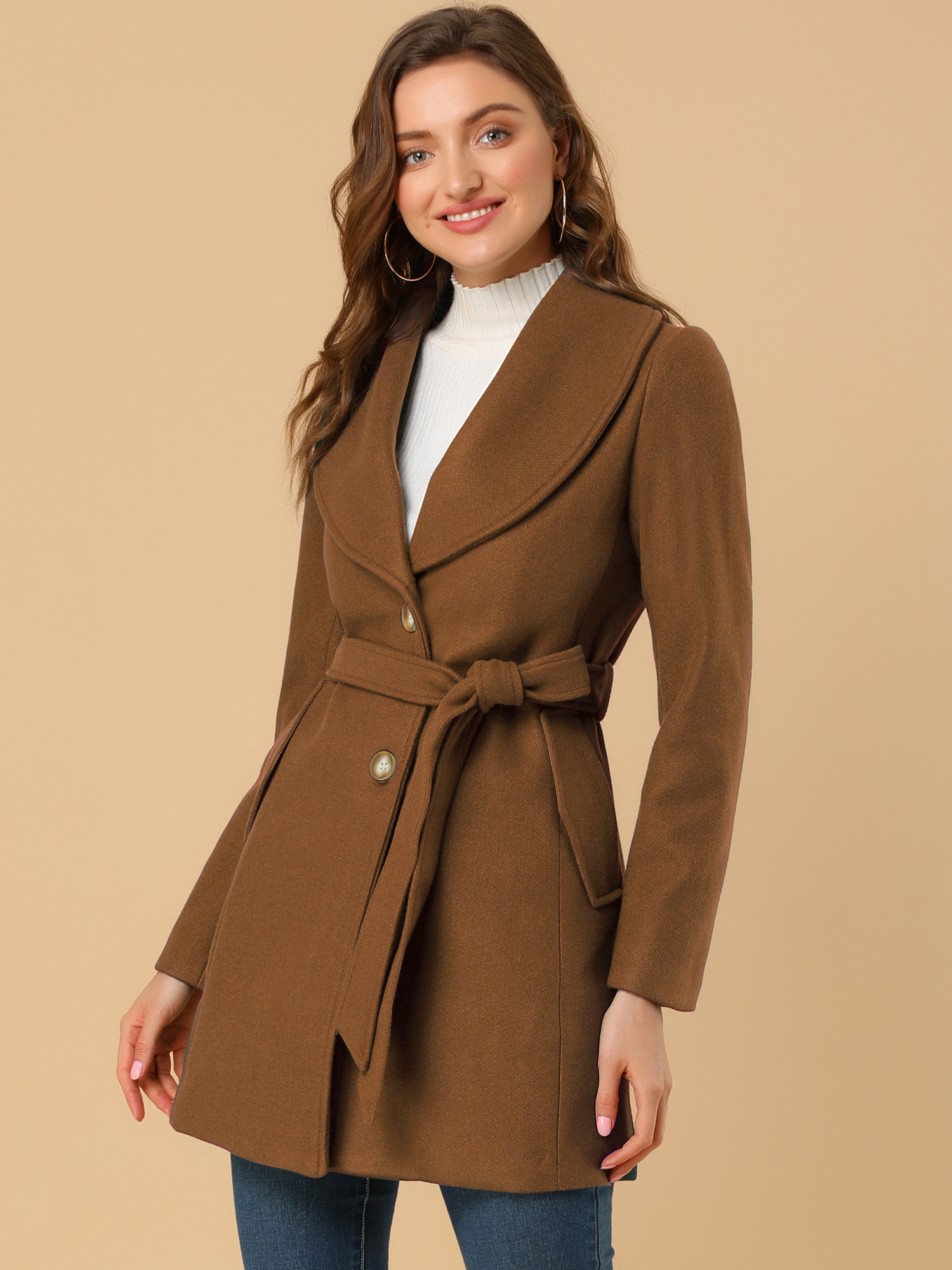 Shawl Collar Single Breasted Winter Long Belted Coat Brown/XL