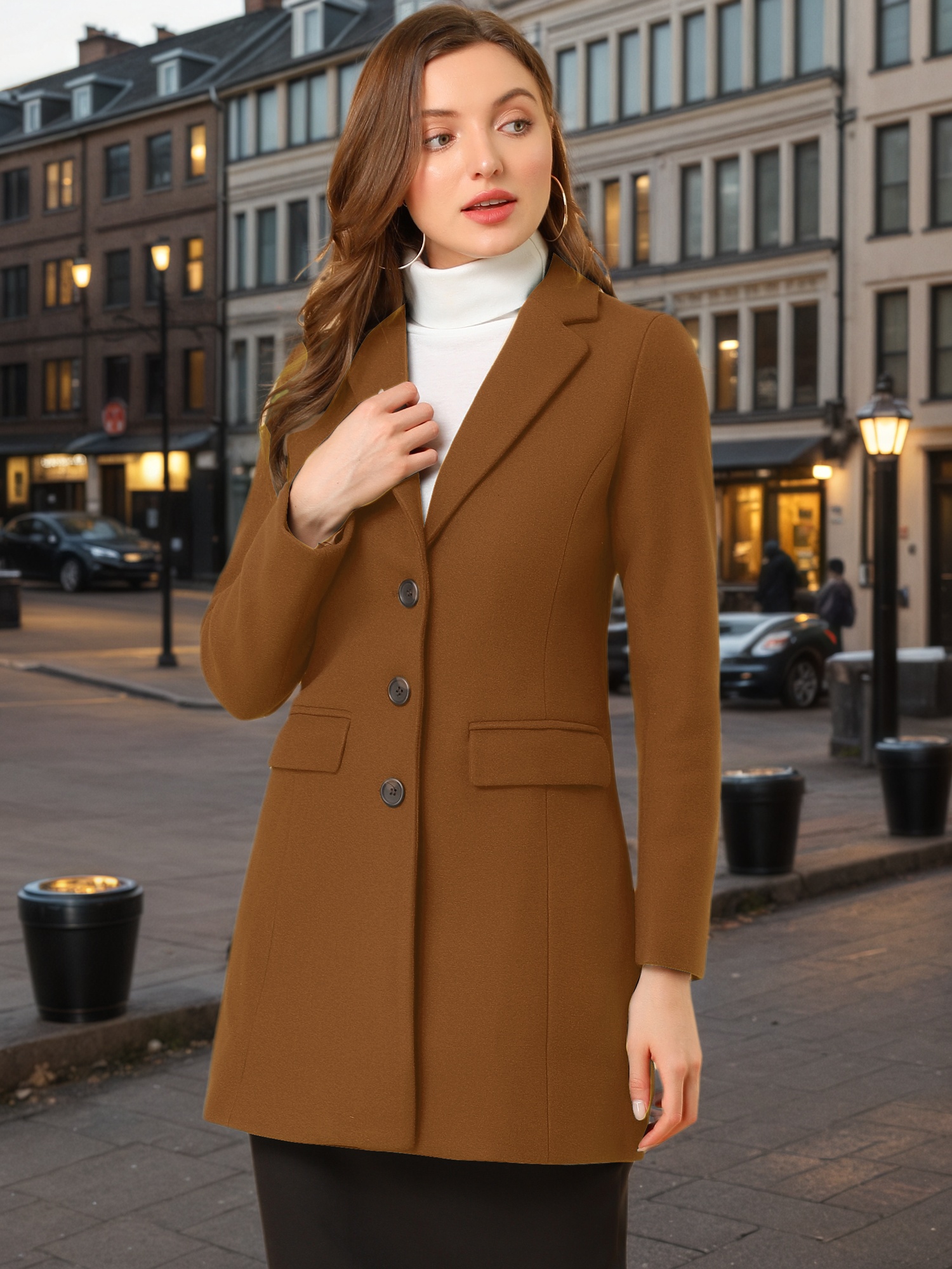 Notched Lapel Single Breasted Outwear Winter Pea Coat Dark Brown/S