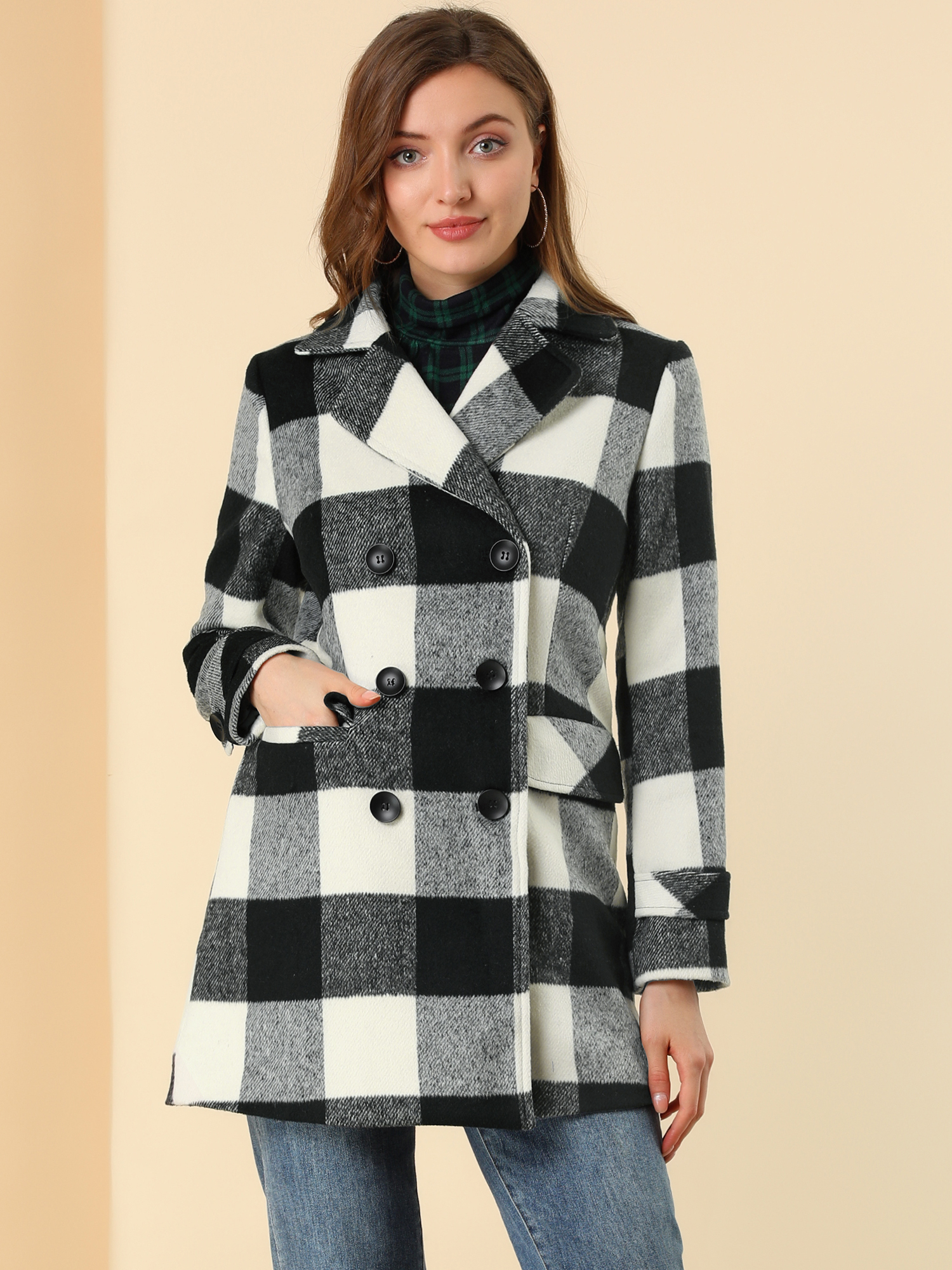 Buffalo Checks Double Breasted Notched Lapel Plaid Trench Pea Coat Black White/XS