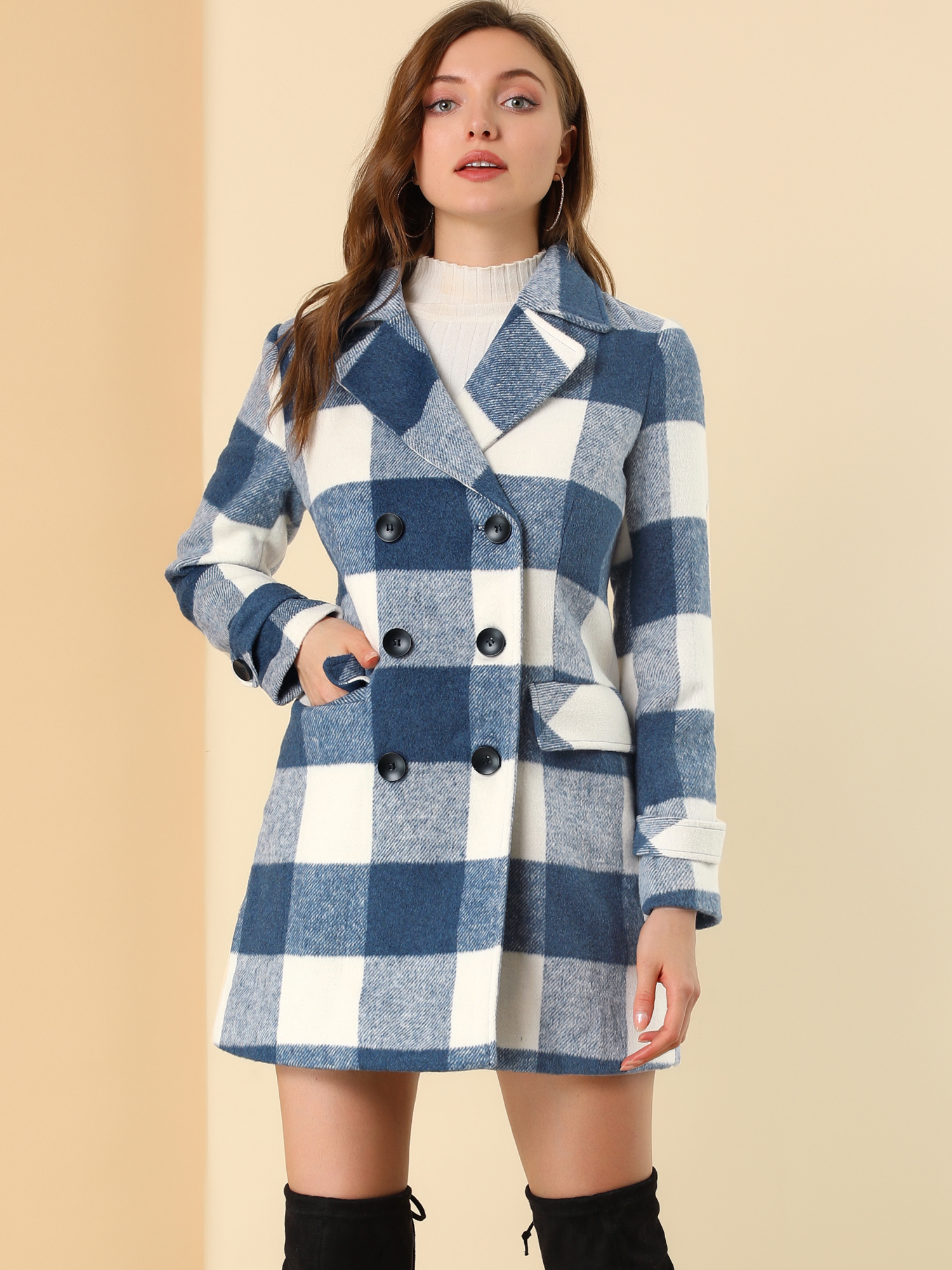 Buffalo Checks Double Breasted Notched Lapel Plaid Trench Pea Coat Blue White/M