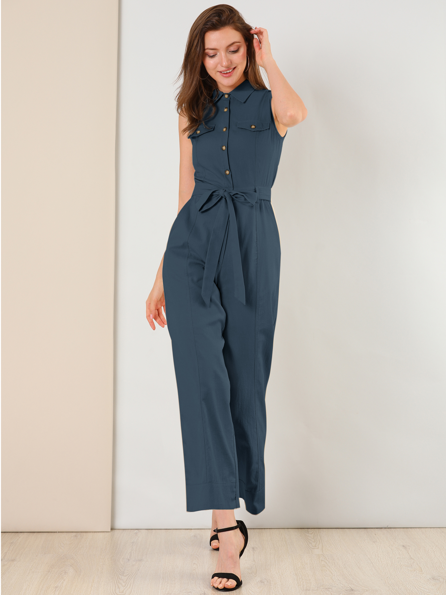 Button Down Collared Wide Leg Tie Jumpsuit Sleeveless Jumpsuits Navy Blue/M