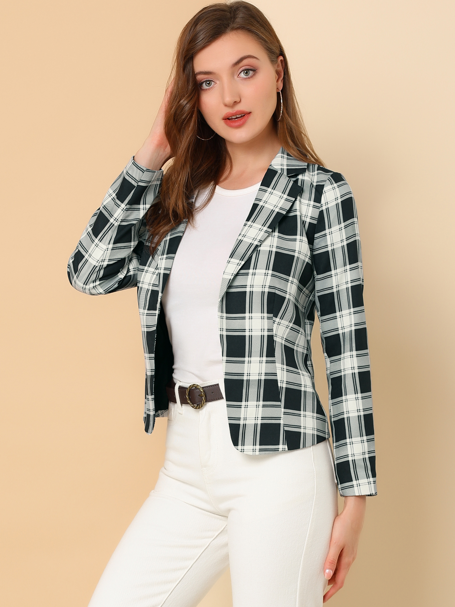 Business Casual Open Front Notch Lapel Plaid Suit Blazer Black-Plaid/XS