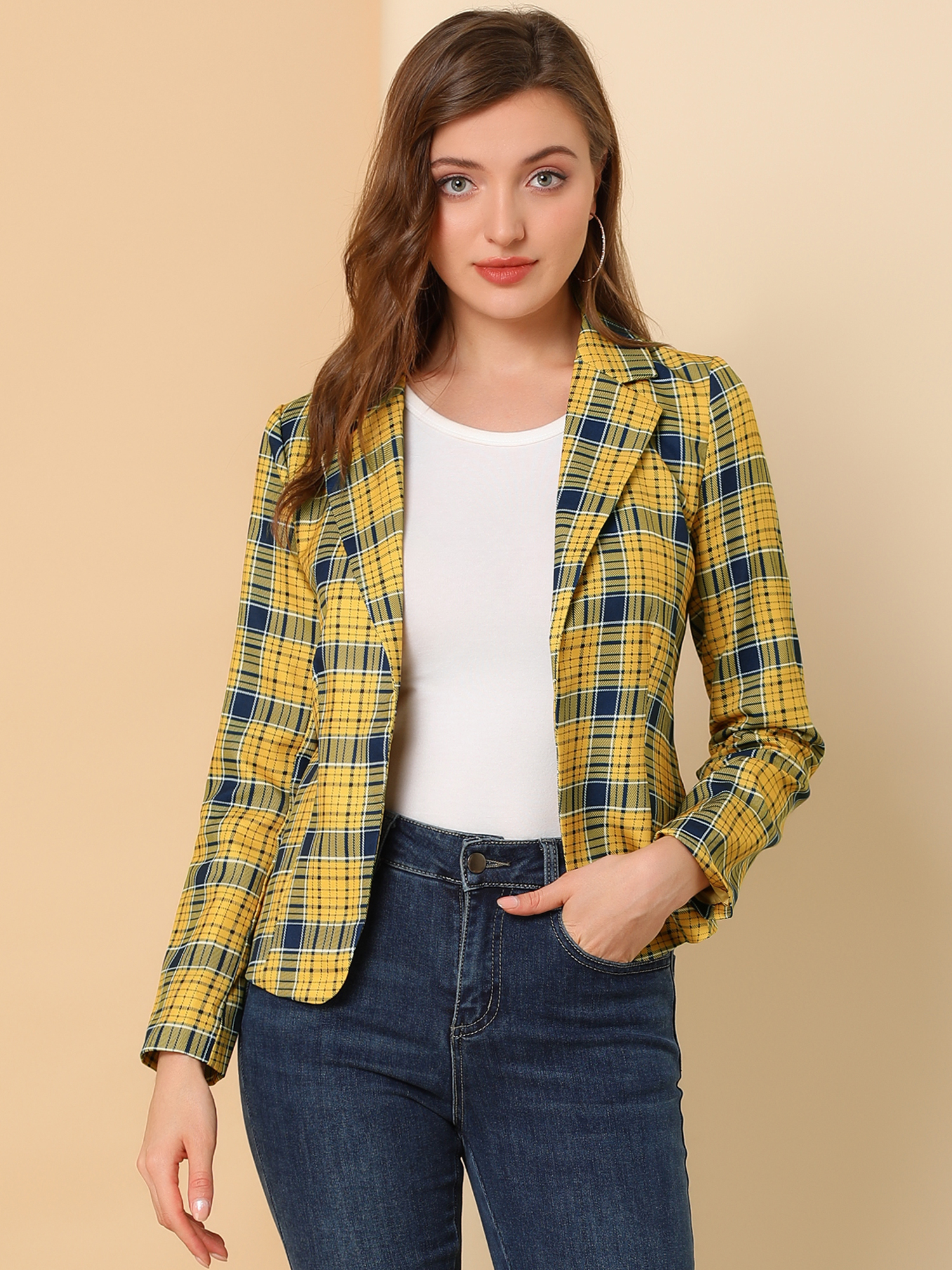 Business Casual Open Front Notch Lapel Plaid Suit Blazer Yellow-Plaid/XS