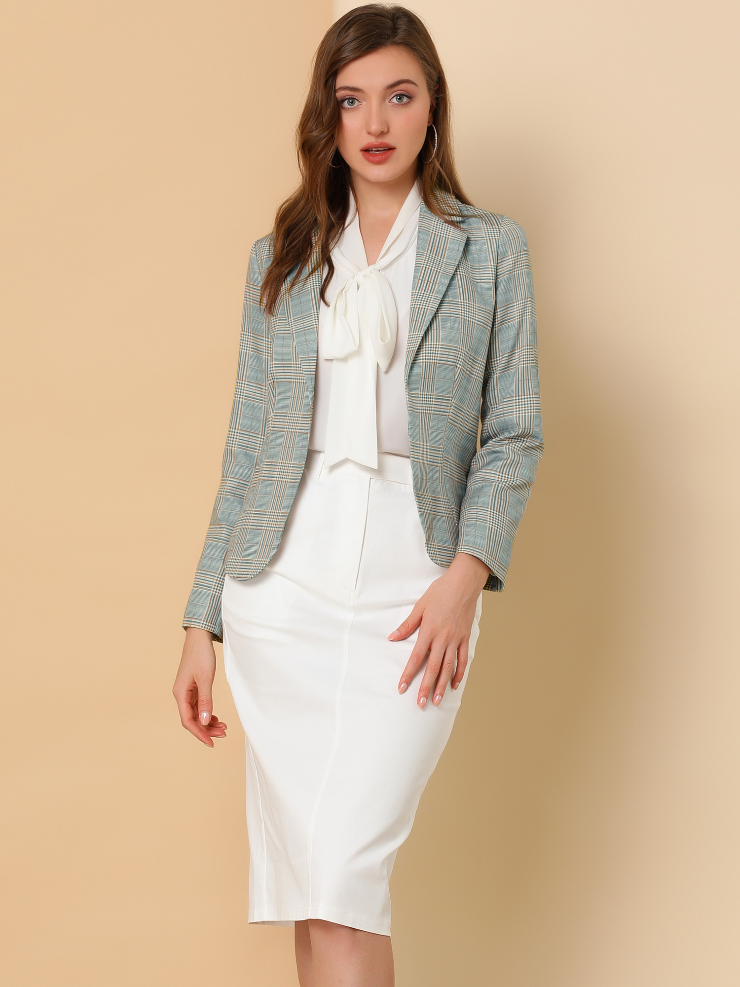 Business Casual Open Front Notch Lapel Plaid Suit Blazer Gray-Plaid/S