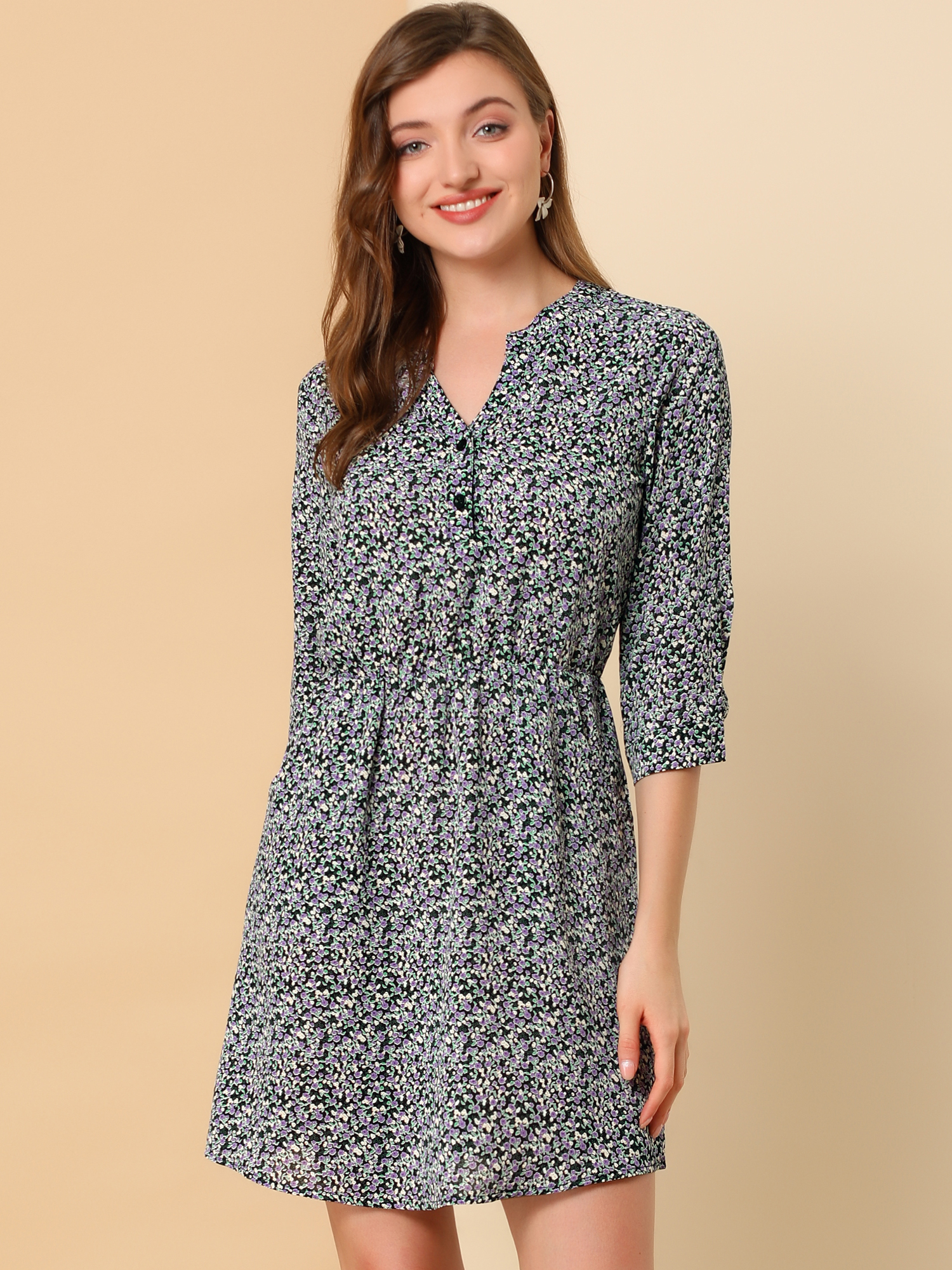 Button-Up V Neck 3/4 Sleeve Floral T-Shirt Dress with Pockets Black Purple/XL