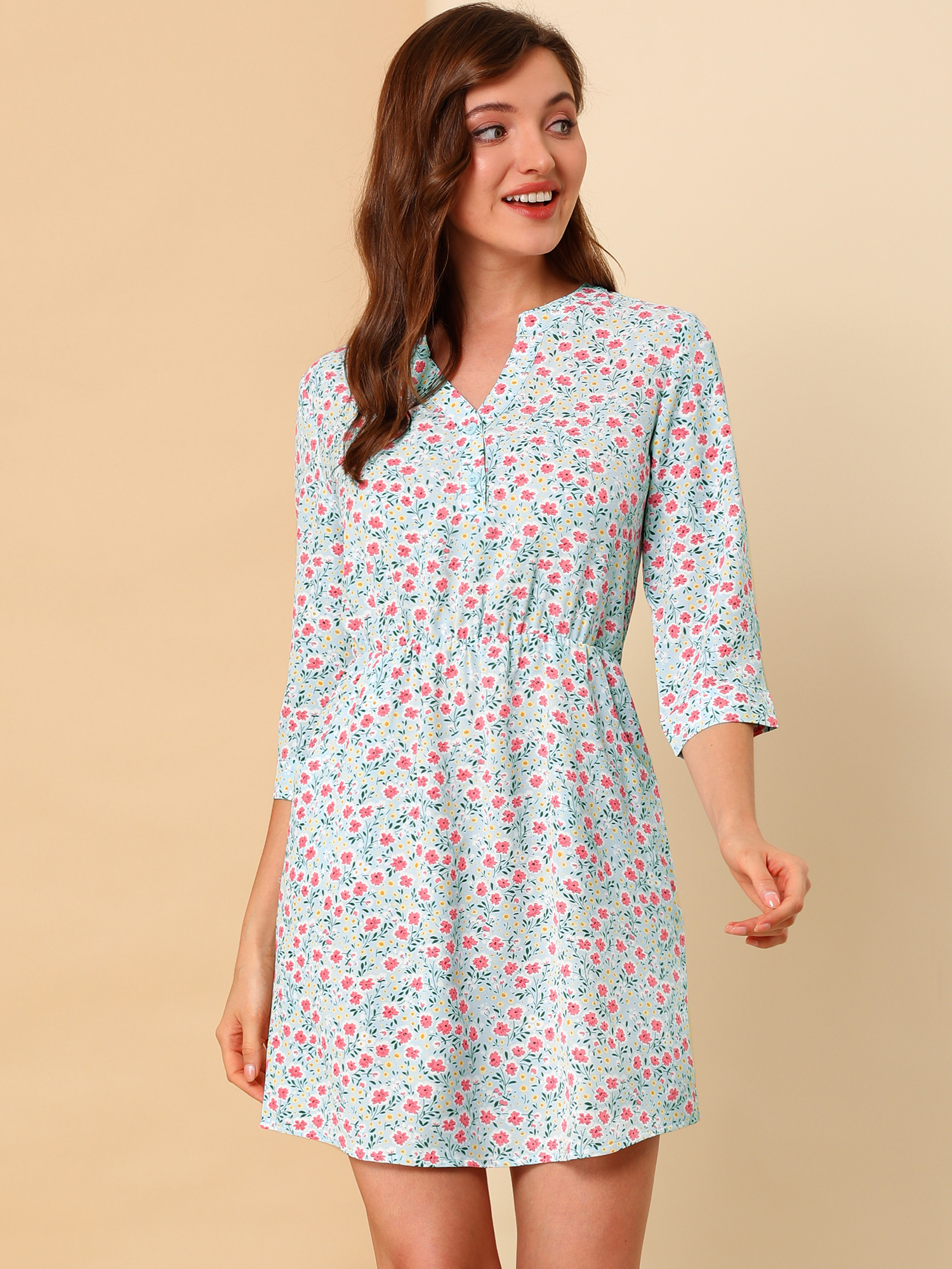 Button-Up V Neck 3/4 Sleeve Floral T-Shirt Dress with Pockets Light Blue/S