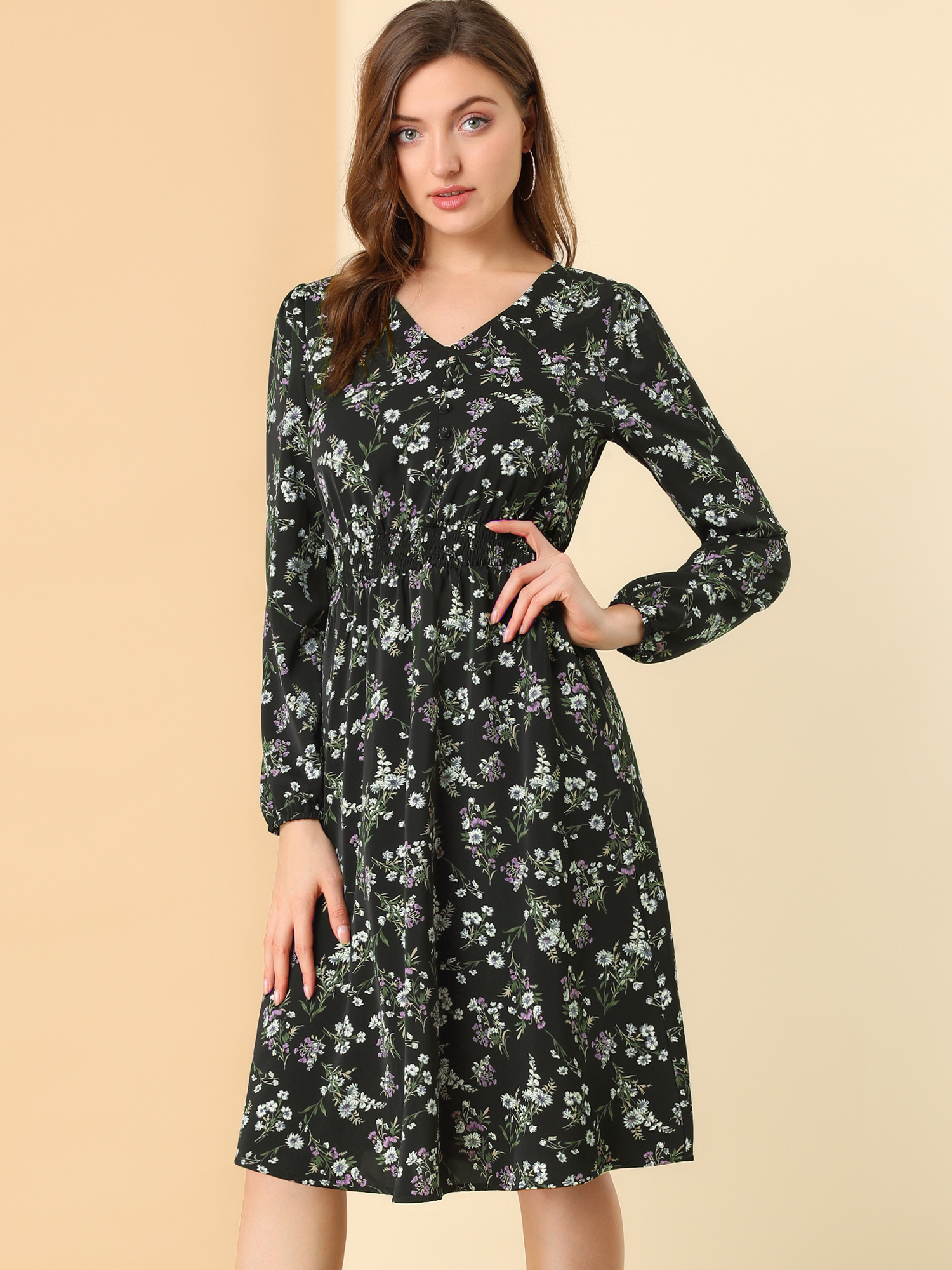 Floral Print V-Neck Long Sleeve Smocked Waist Midi Dress Black/M
