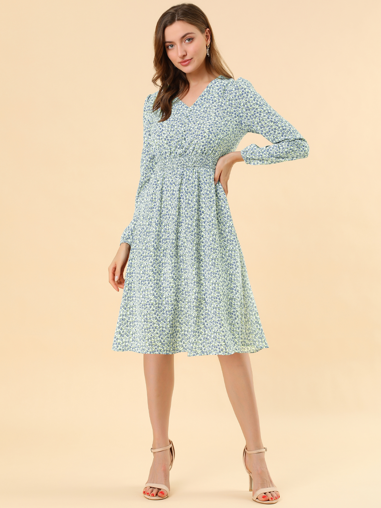 Floral Print V-Neck Long Sleeve Smocked Waist Midi Dress White-Blue Floral/L