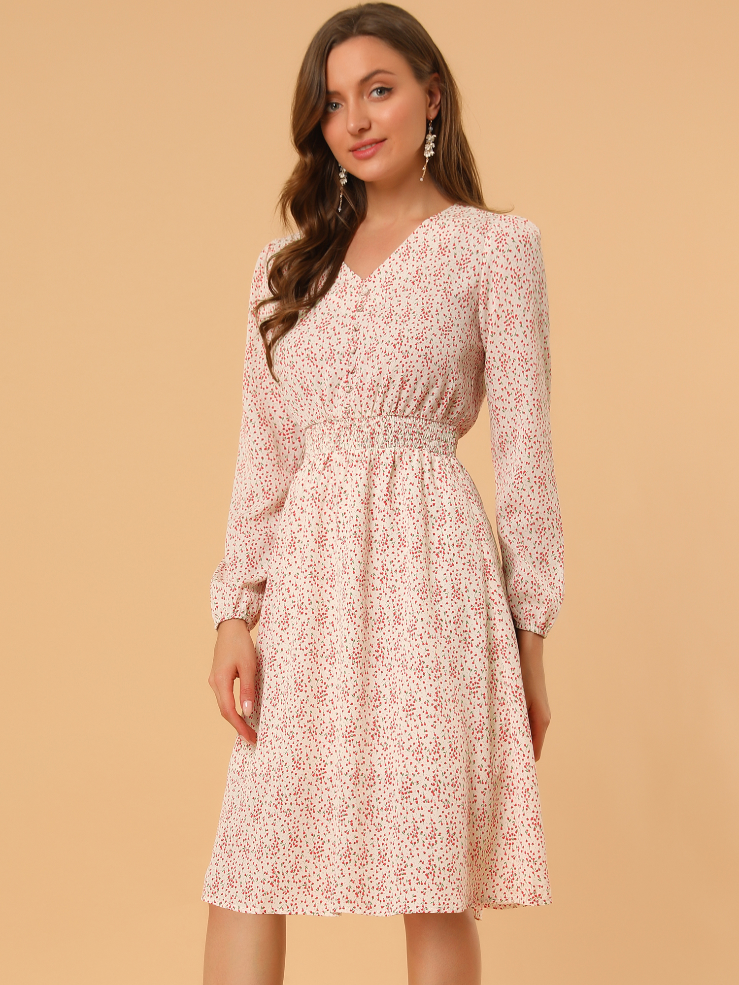 Floral Print V-Neck Long Sleeve Smocked Waist Midi Dress White-Red Floral/S