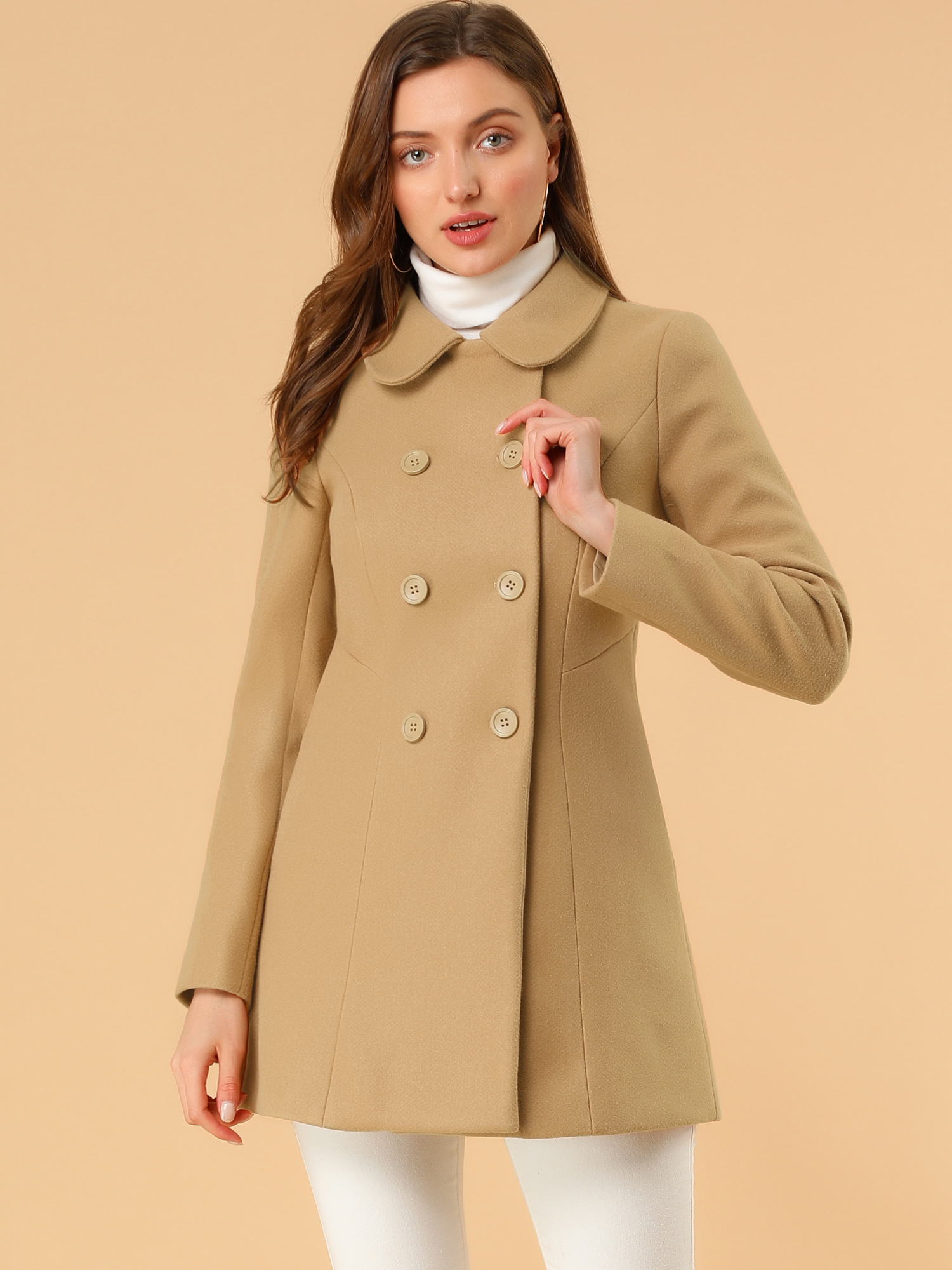 Peter Pan Collar Double Breasted Long Trench Pea Coat Khaki/M