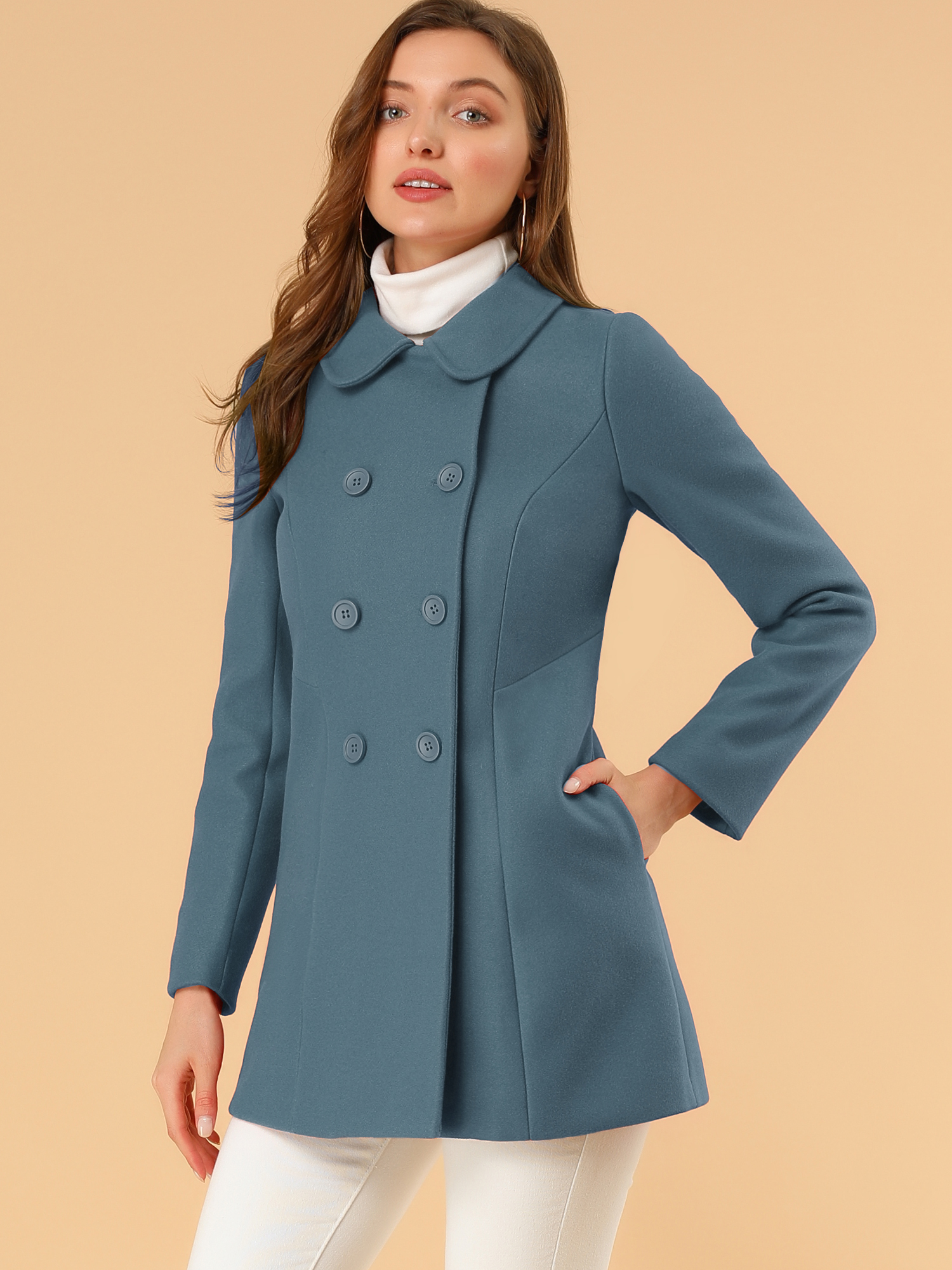 Peter Pan Collar Double Breasted Winter Long Trench Pea Coat Grey Blue/M