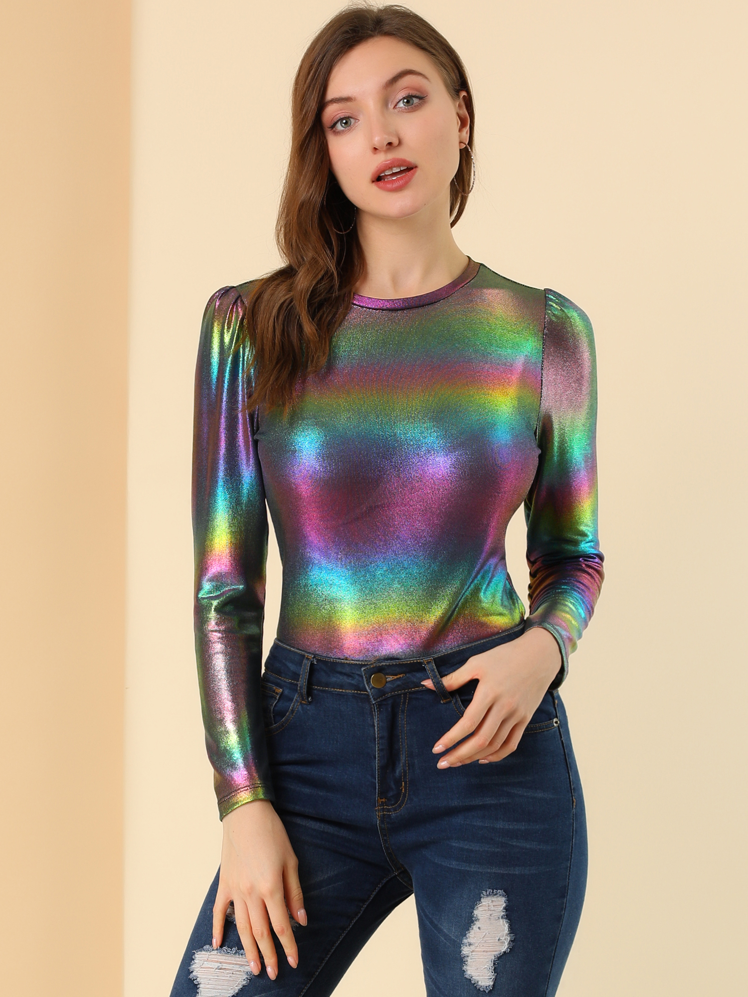 Long Sleeve Sparkly Party Glitter Shiny Metallic Blouse Multicolor/XS