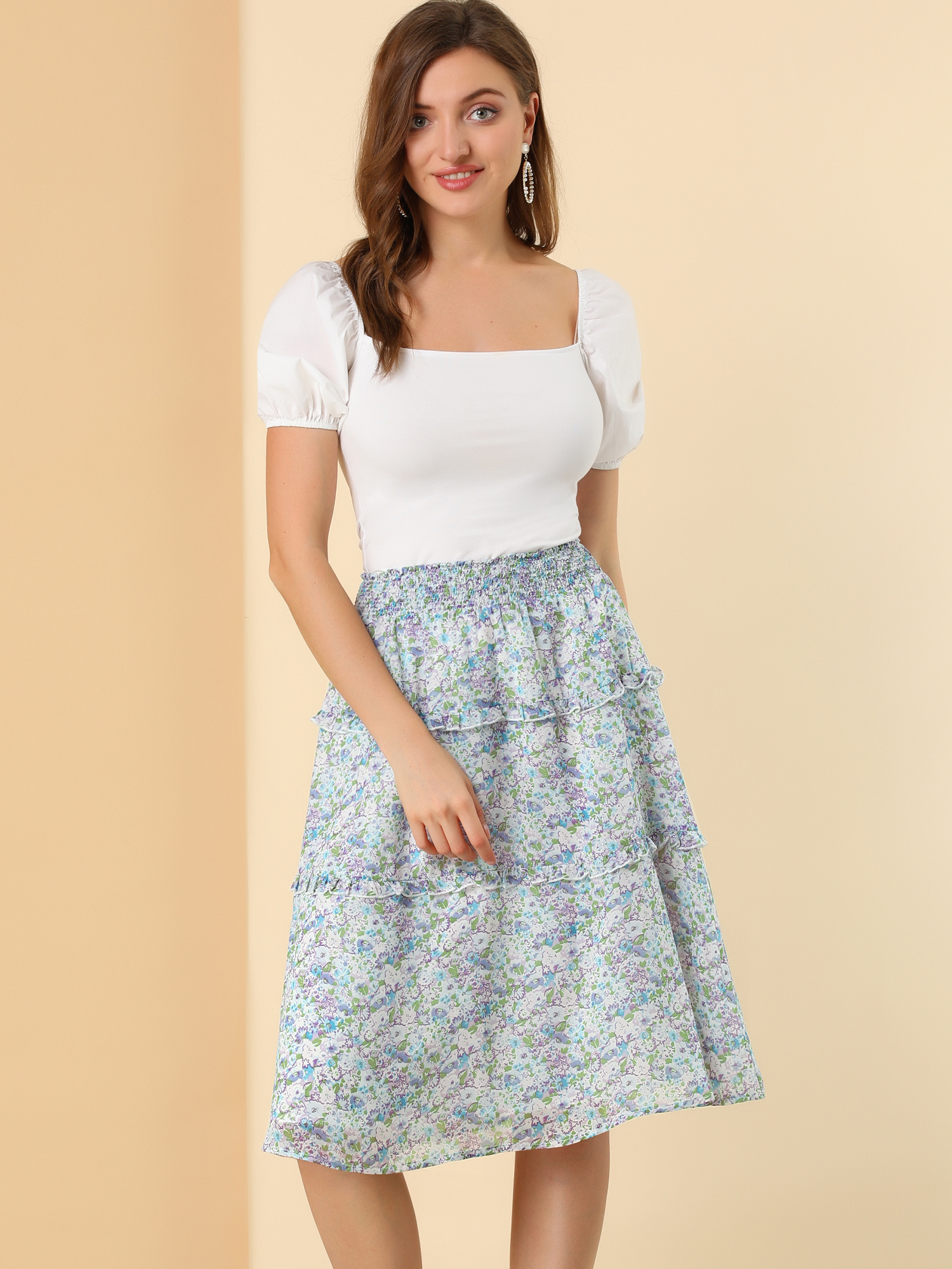 Floral Smocked Elastic Waist Knee Length Ruffle Tiered Skirt Blue Purple/M