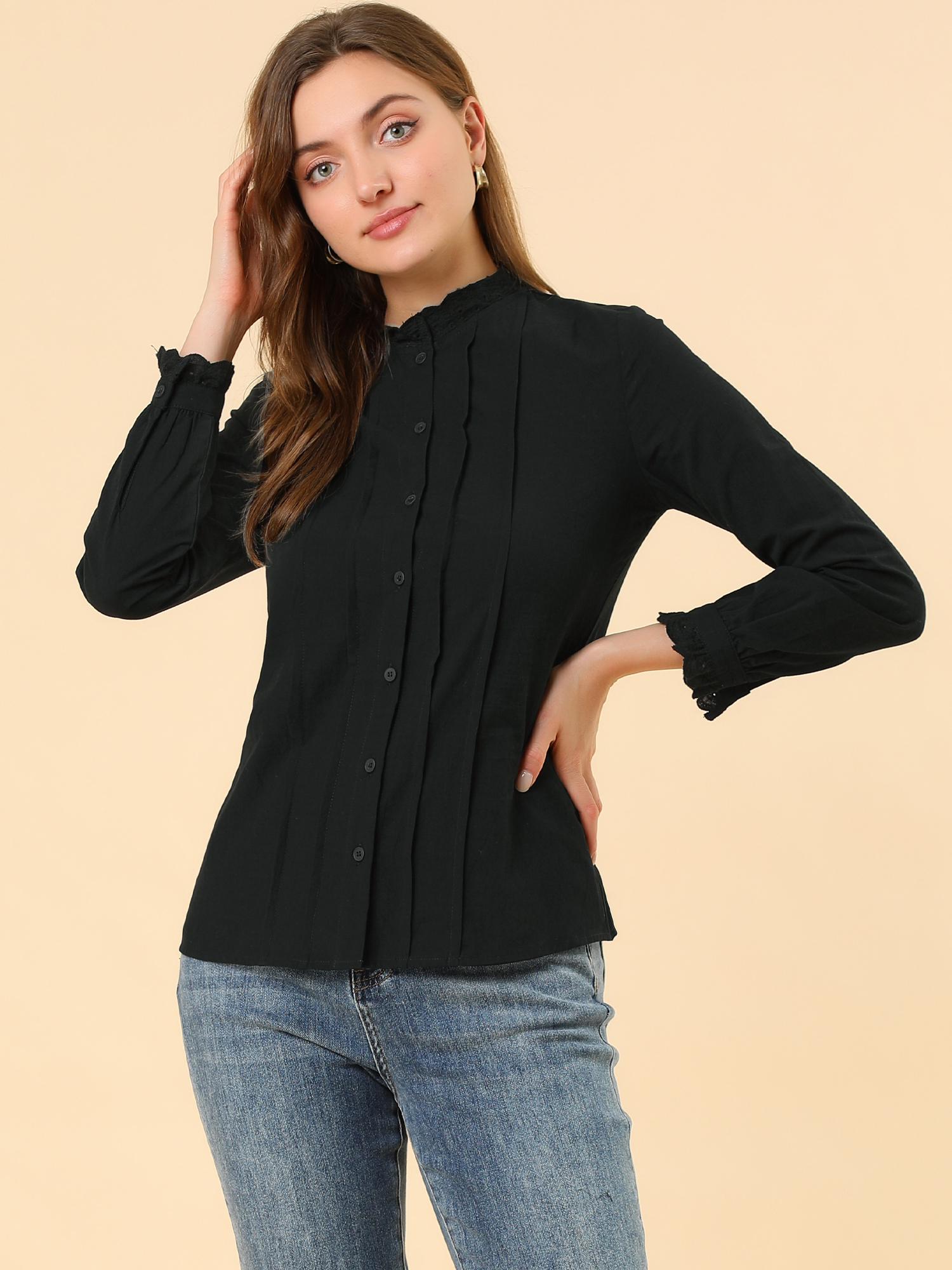 Mock Neck Lace Trim Pleated Button Down Work Office Blouse Shirt Black/S