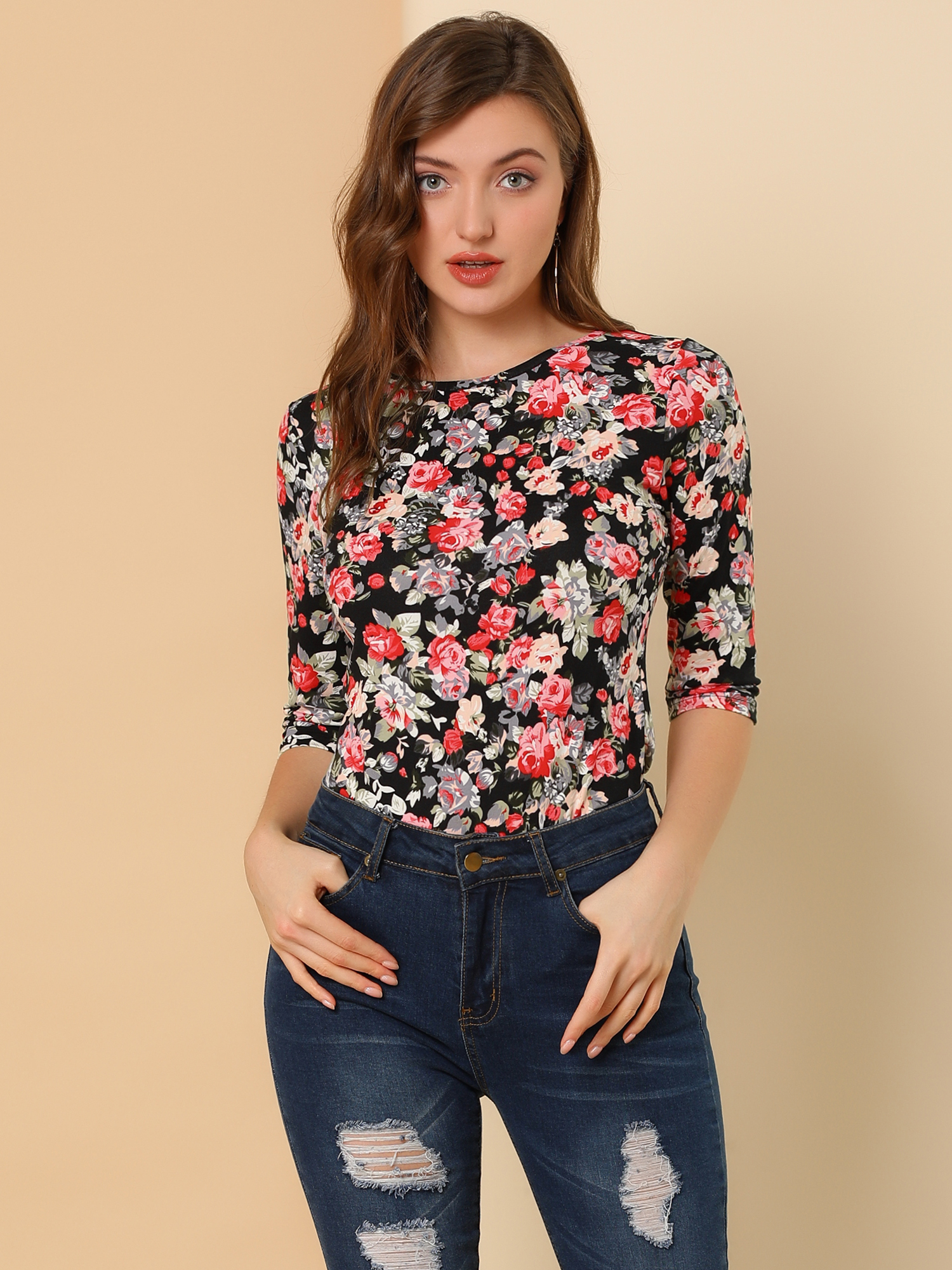 Casual 3/4 Sleeve Round Neck Striped Printed T-Shirt Black-Floral/L
