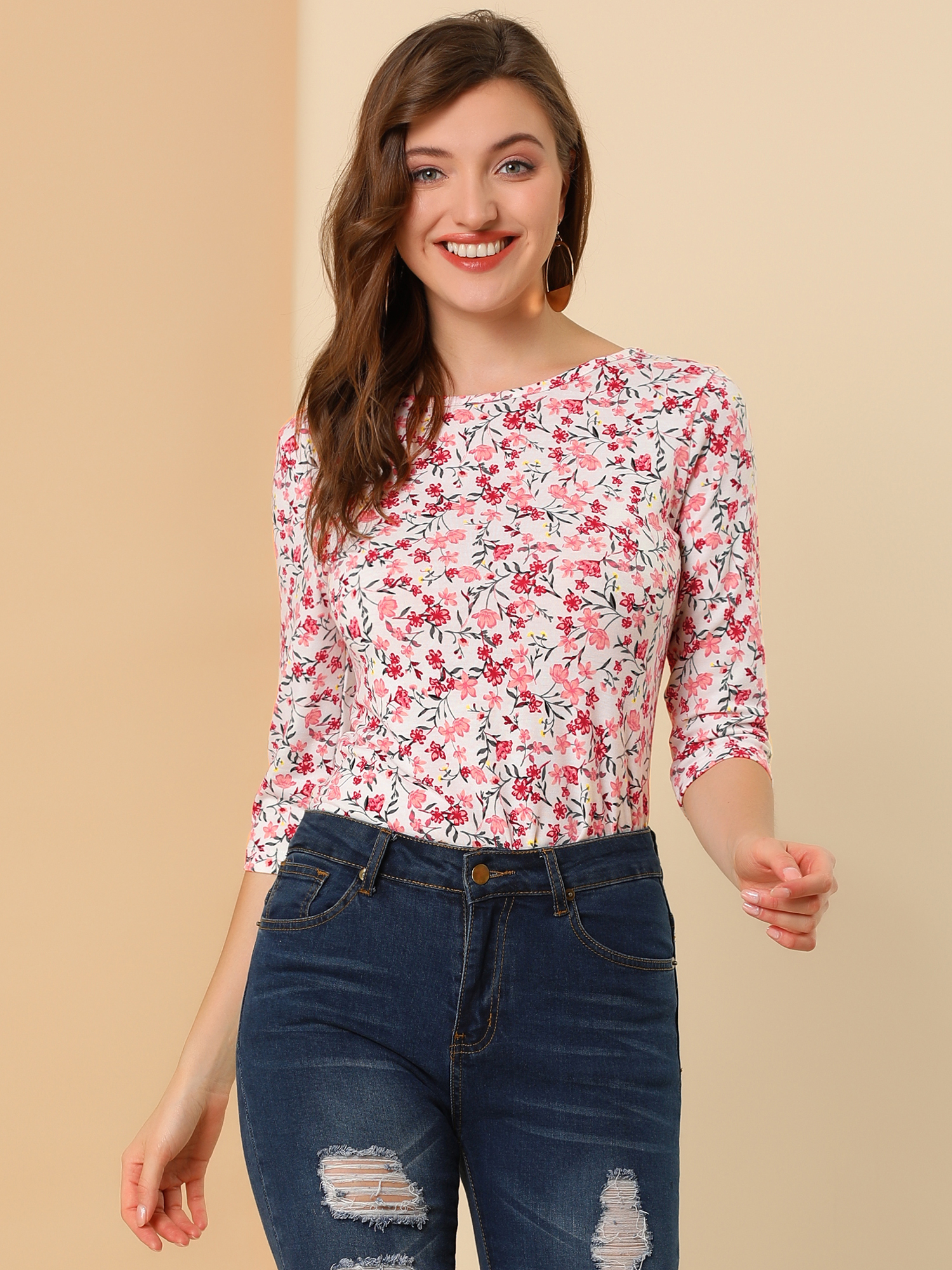 Casual 3/4 Sleeve Round Neck Striped Printed T-Shirt White-Floral/XS