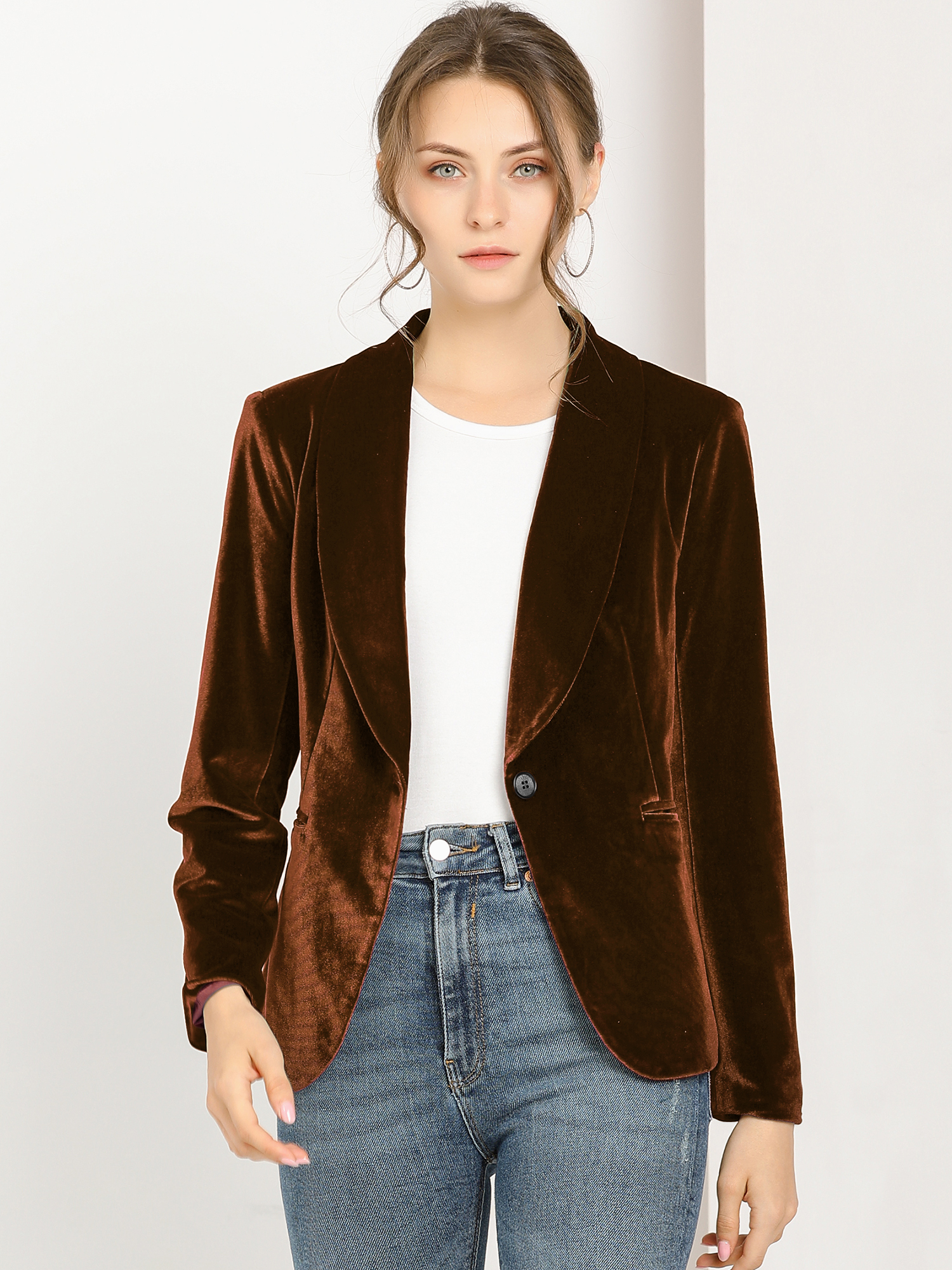 Shawl Collar Single Button Velvet Solid Office Work Jacket Blazer Brown/S