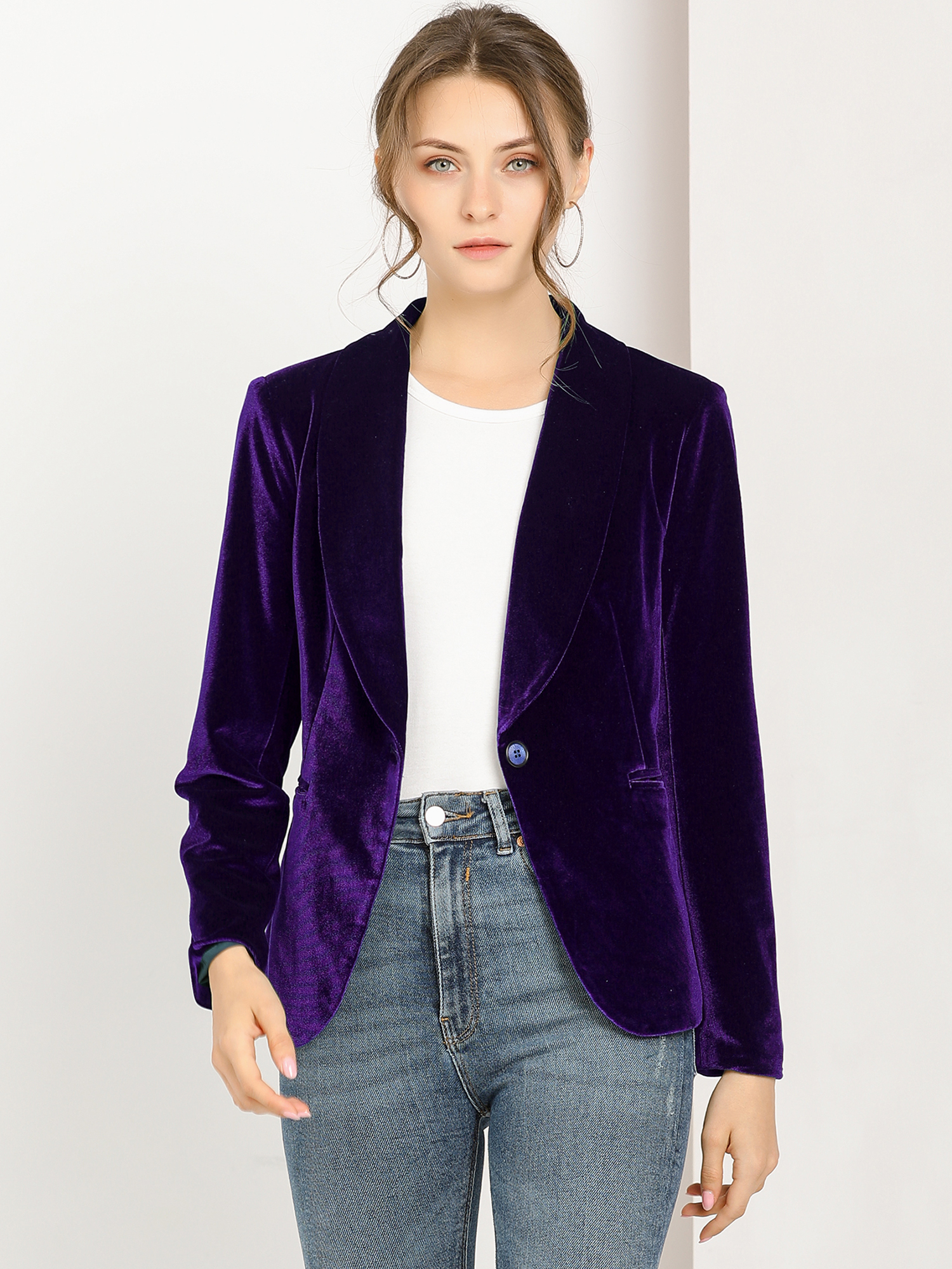 Shawl Collar Single Button Velvet Solid Office Work Jacket Blazer Deep Purple/L