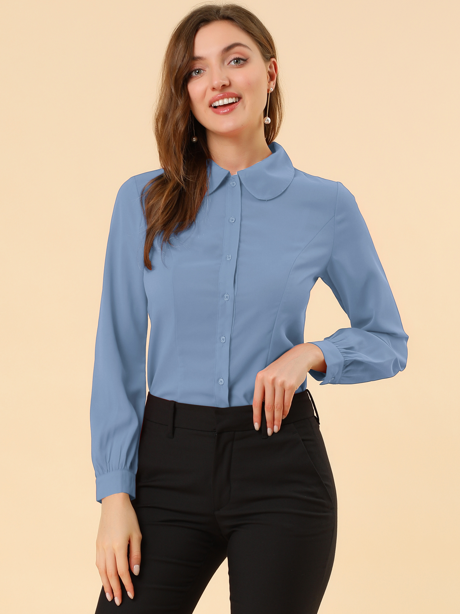 Button Up Peter Pan Collar Long Bishop Sleeve Blouse Top Dusty Blue/XL