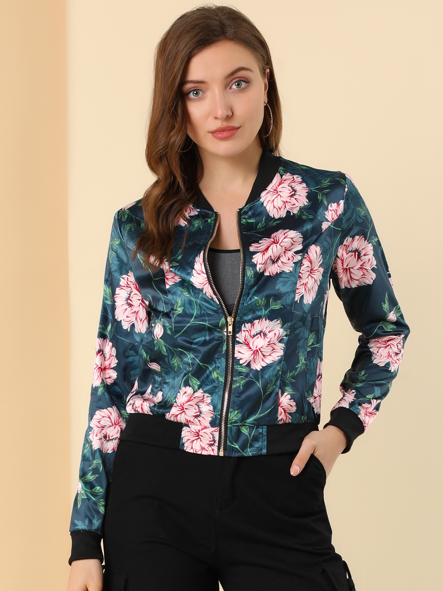 Stand Collar Floral Print Zip Up Bomber Jacket Teal/M