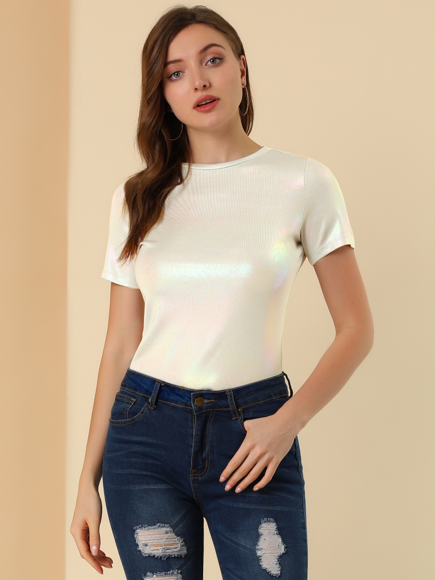 Party Metallic Textured Short Sleeve Shiny Multicolor Top Light Silver/M