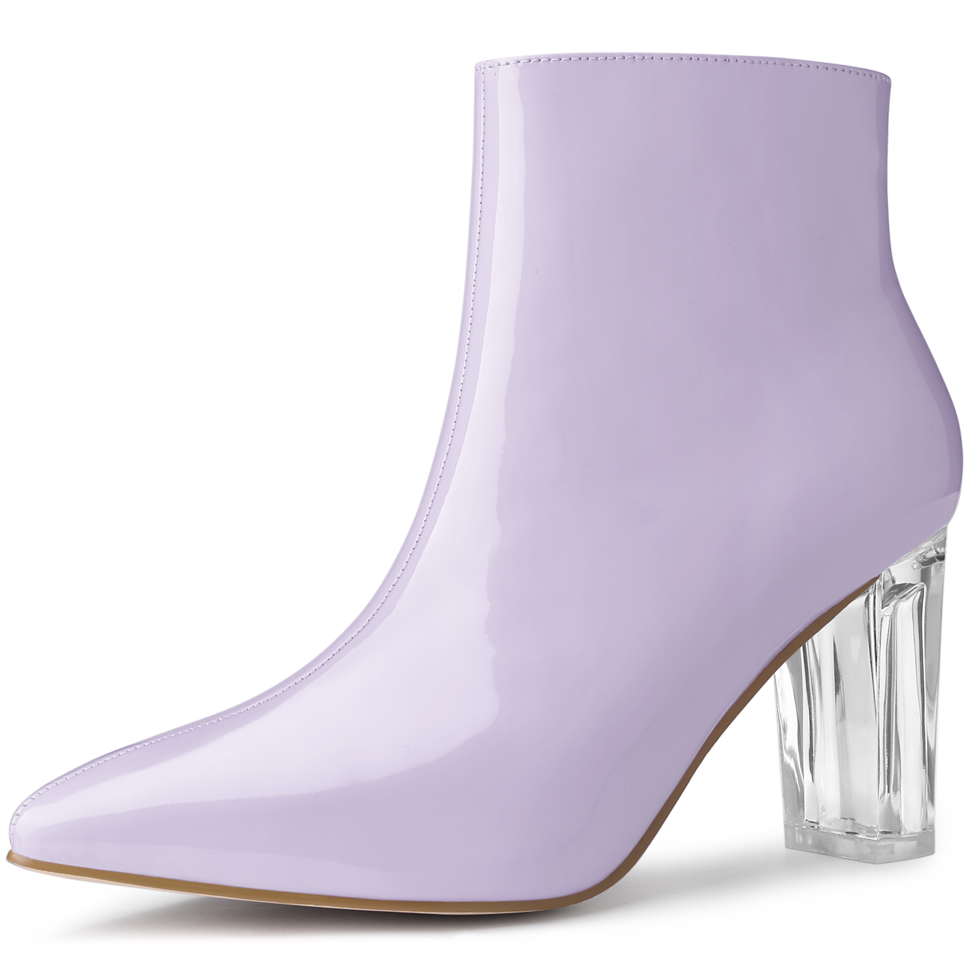 Patent Leather Pointed Toe Clear Chunky Heel Ankle Boots Purple/7