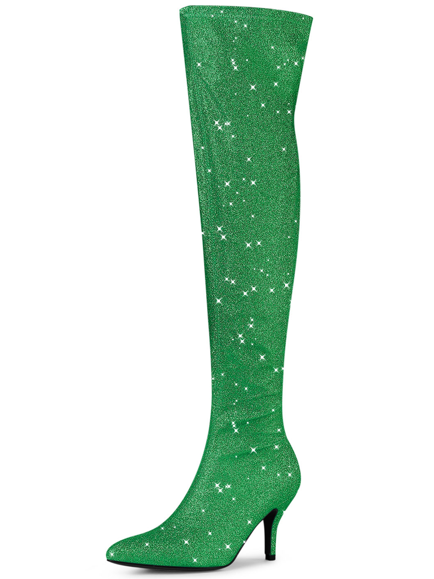 Glitter Pointed Toe Stiletto Heel Over the Knee High Boots Green/9